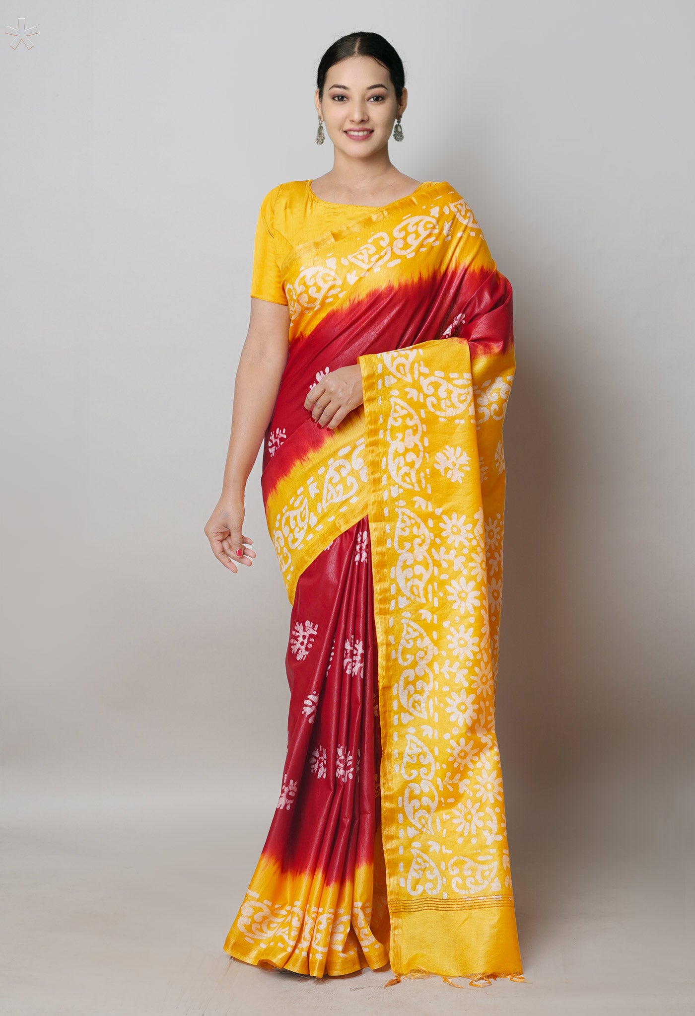 Maroon-Yellow Pure Batik Printed Chanderi Sico Saree