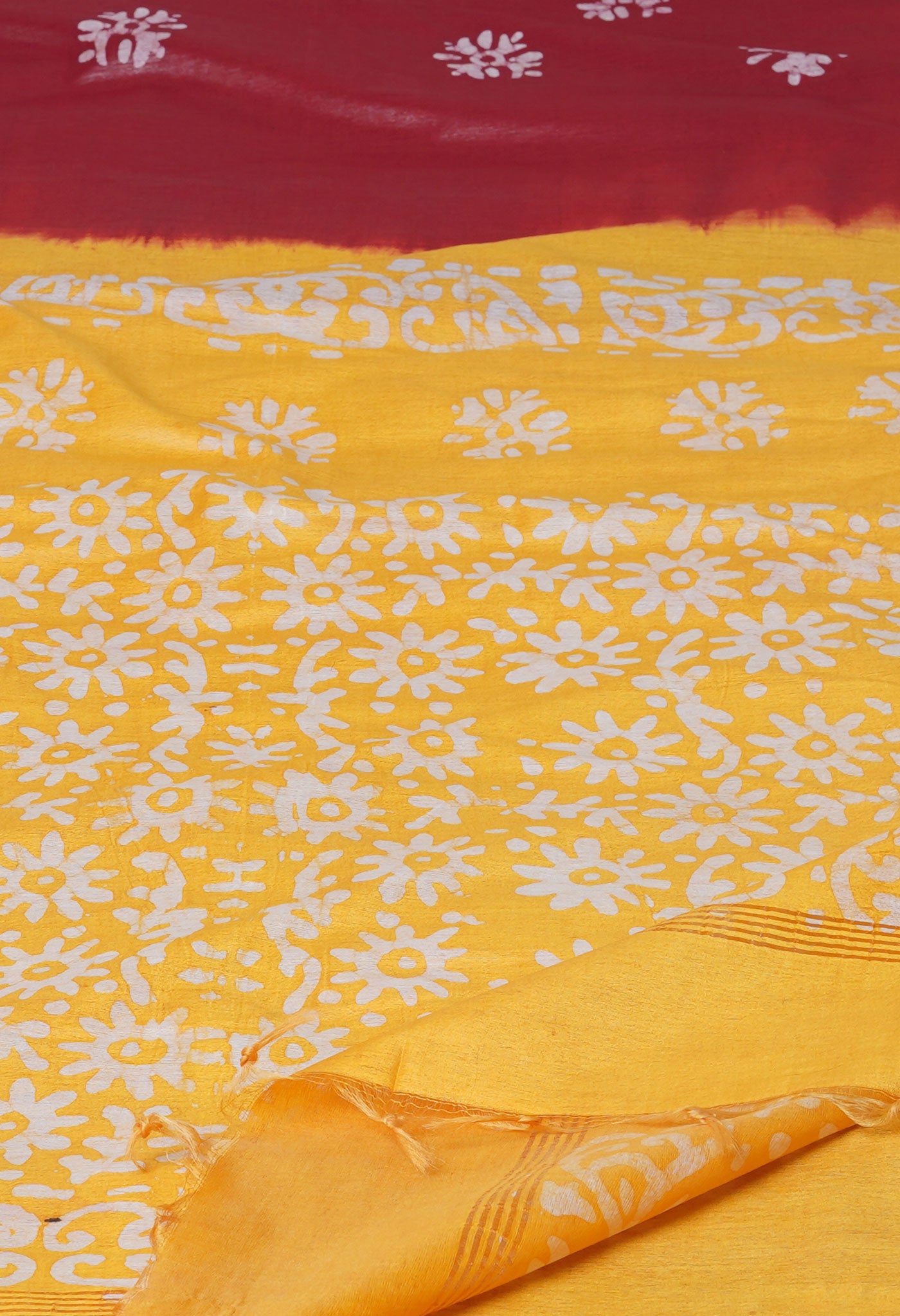 Maroon-Yellow Pure Batik Printed Chanderi Sico Saree