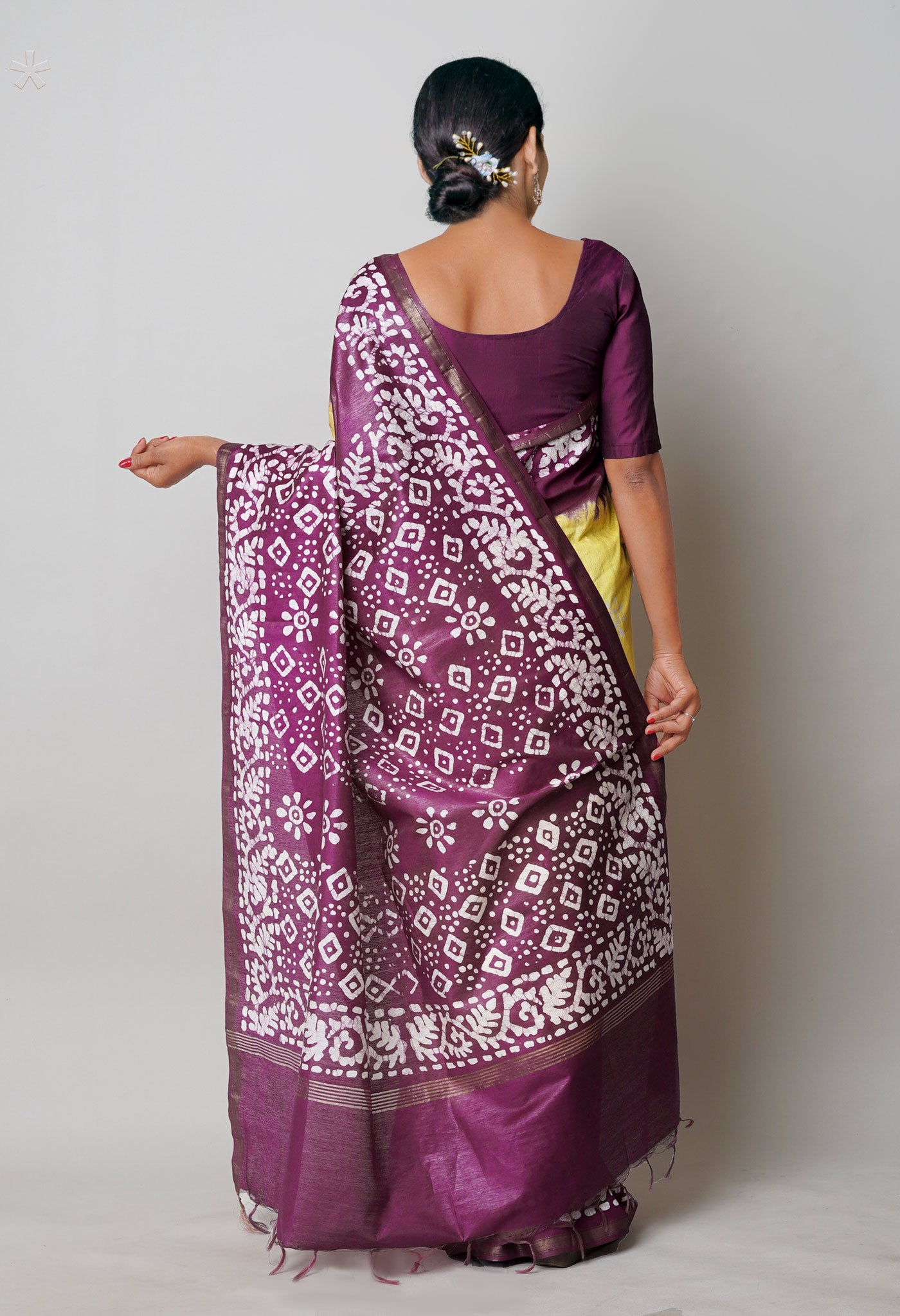 Pale Yellow-Dark Purple Pure Batik Printed Chanderi Sico Saree-UNM74768