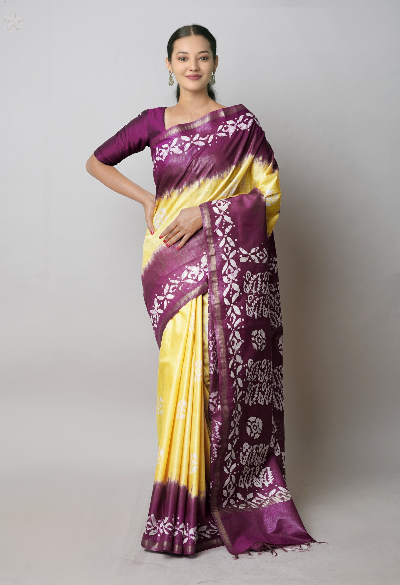 Pale Yellow-Dark Purple Pure Batik Printed Chanderi Sico Saree-UNM74776