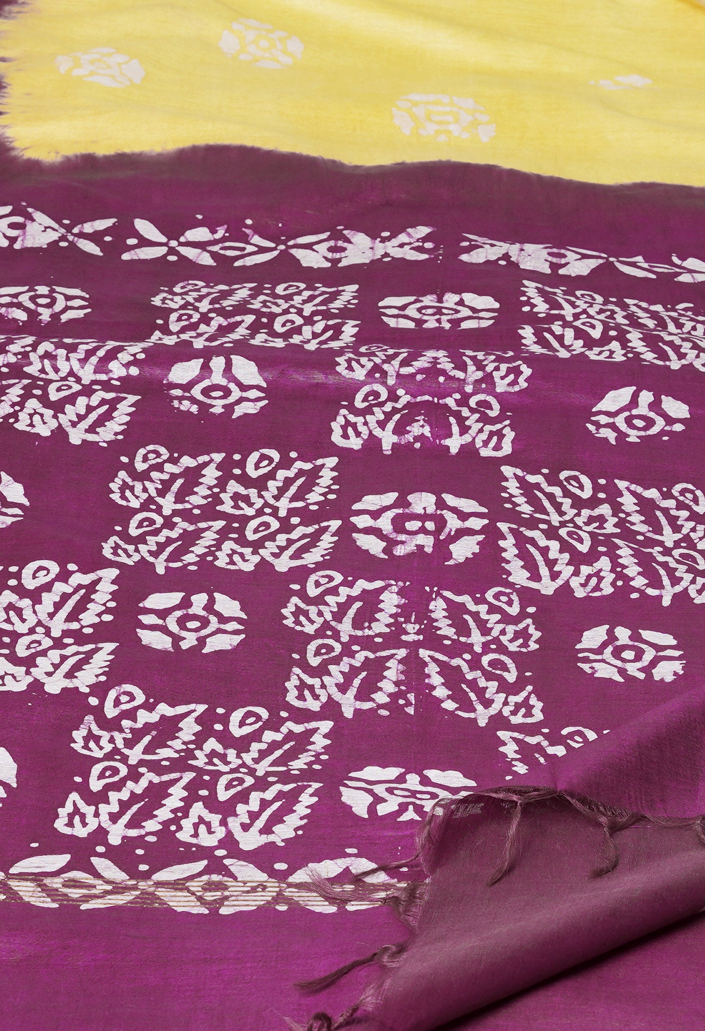Pale Yellow-Dark Purple Pure Batik Printed Chanderi Sico Saree-UNM74776