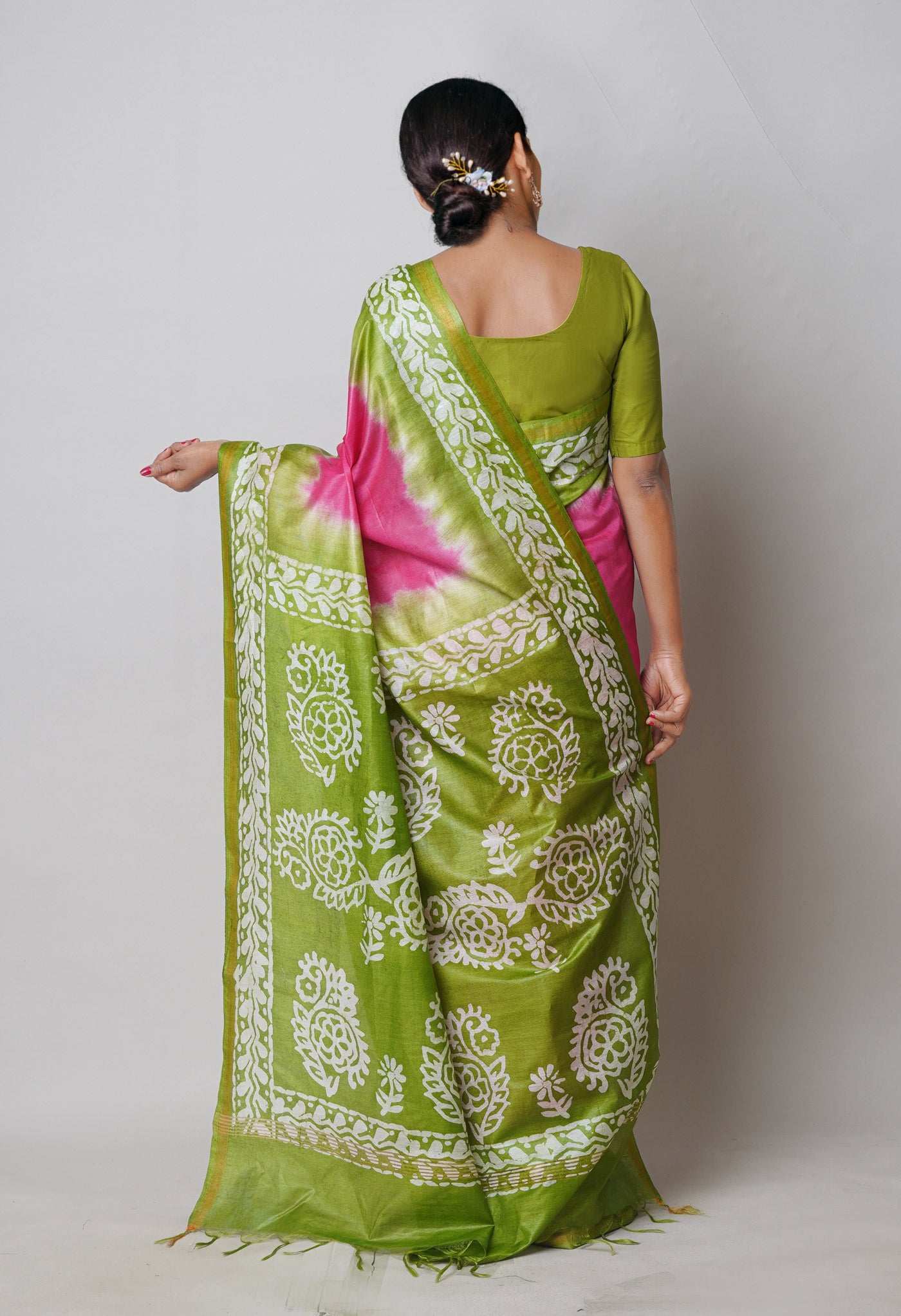 Pink Pure Batik Printed Chanderi Sico Saree