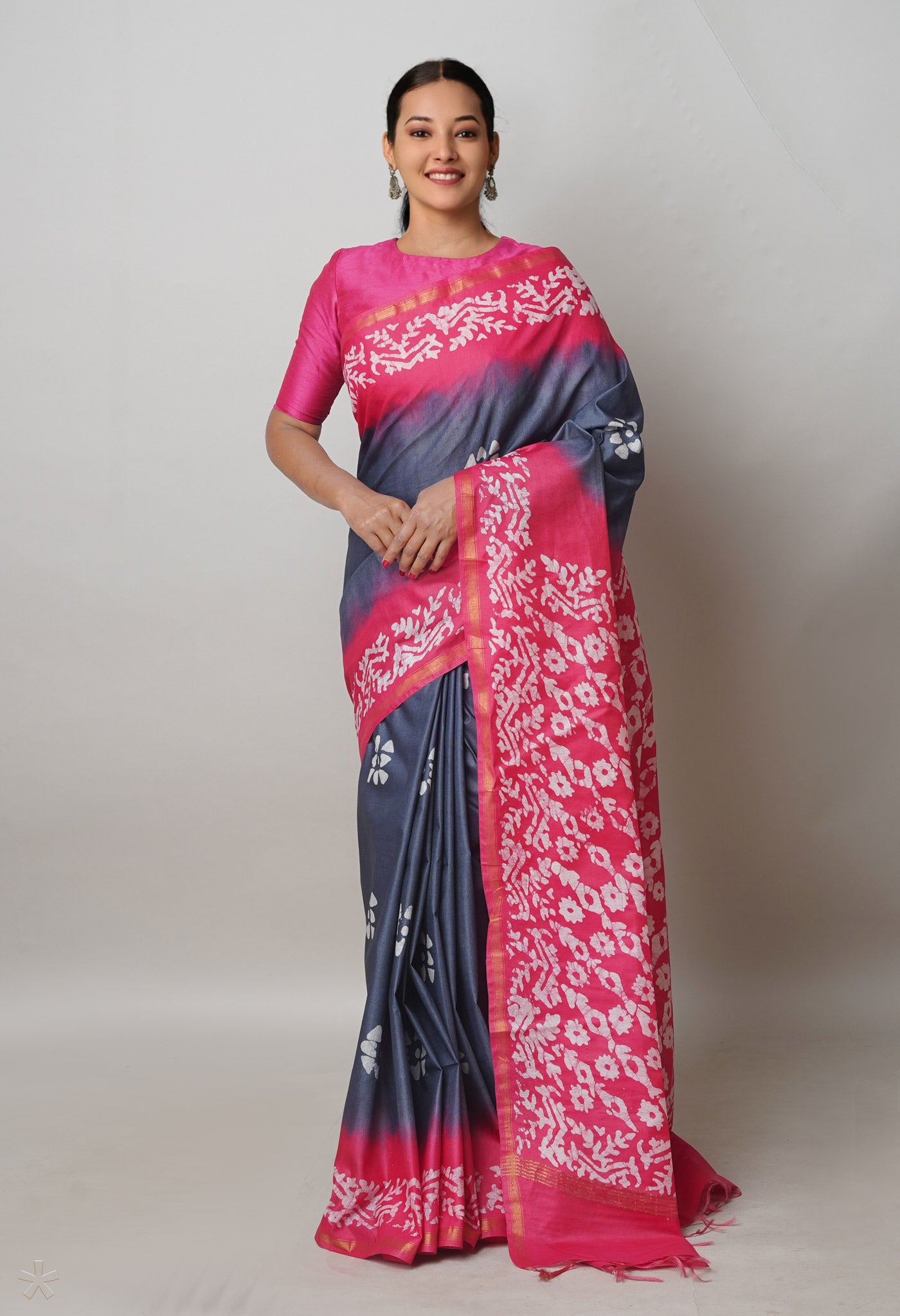 Grey-Pink Pure Batik Printed Chanderi Sico Saree