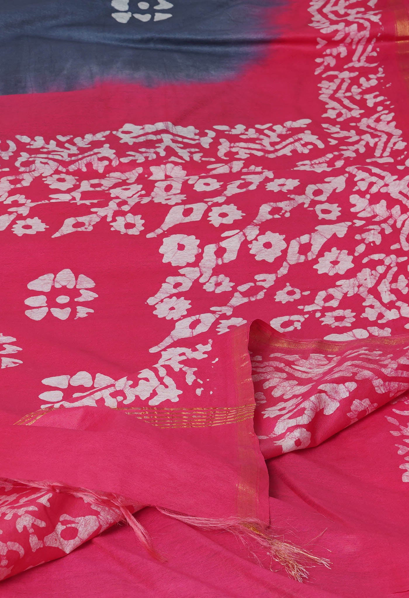 Grey-Pink Pure Batik Printed Chanderi Sico Saree