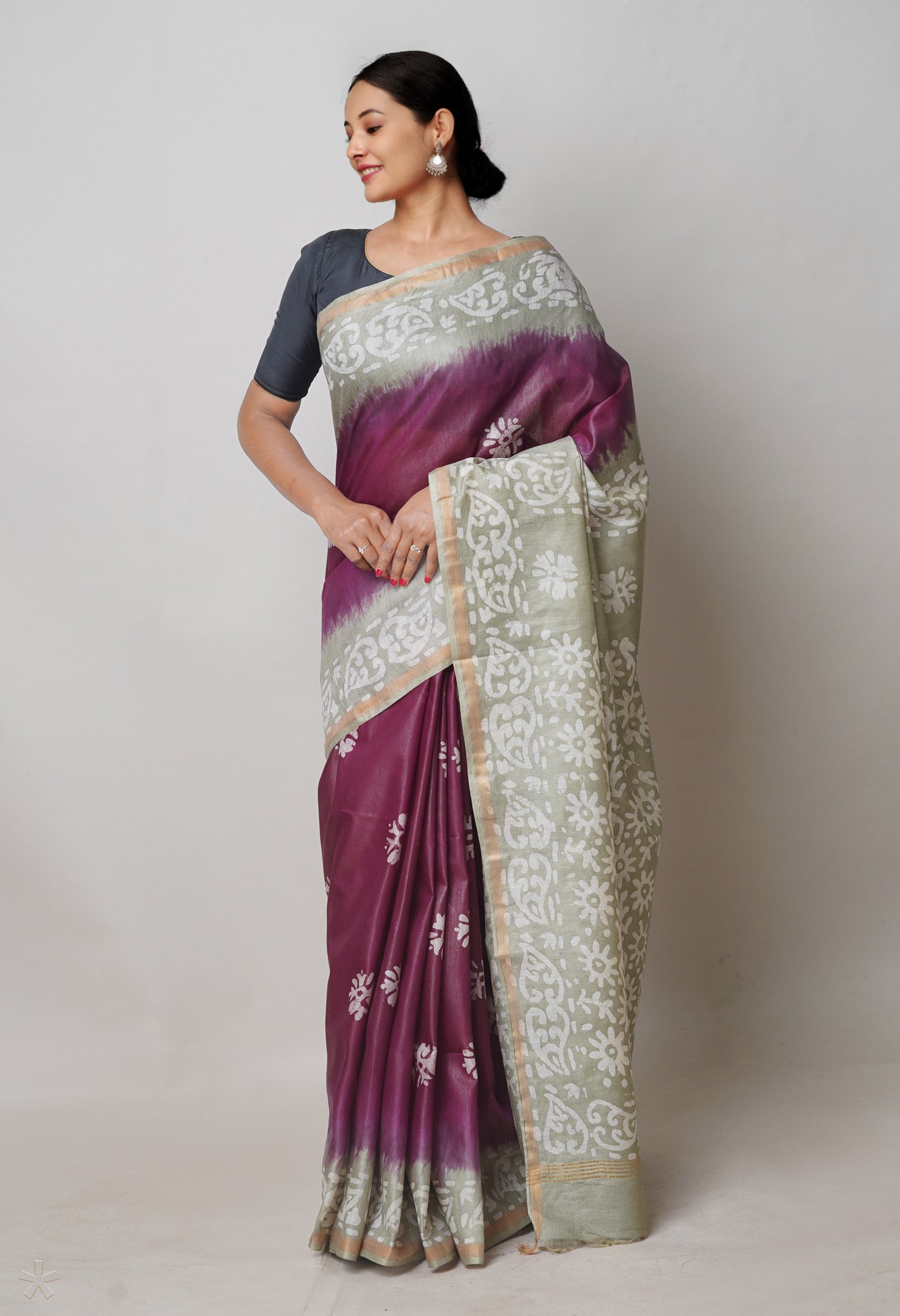Purple-Grey Pure Batik Printed Chanderi Sico Saree