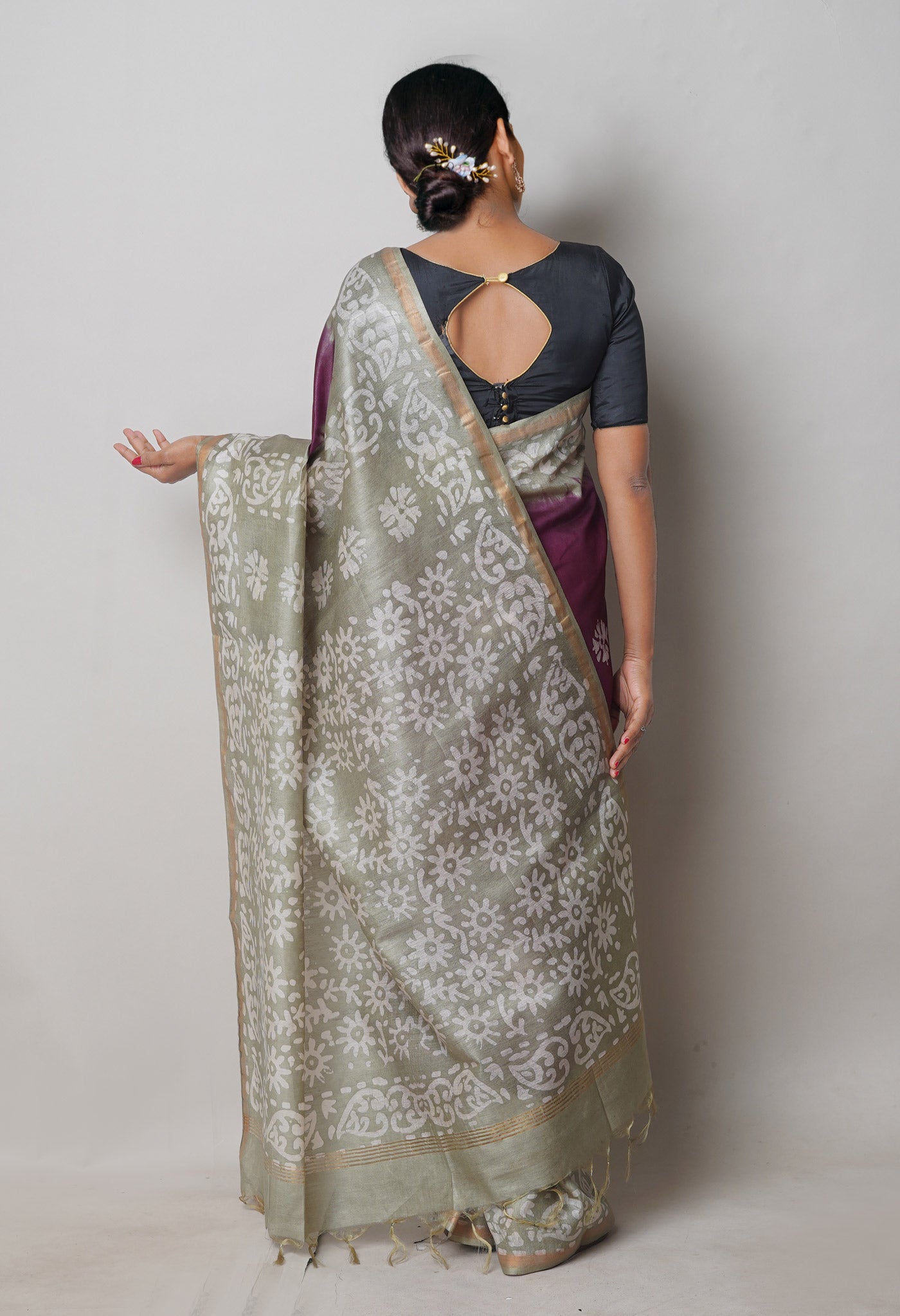 Purple-Grey Pure Batik Printed Chanderi Sico Saree