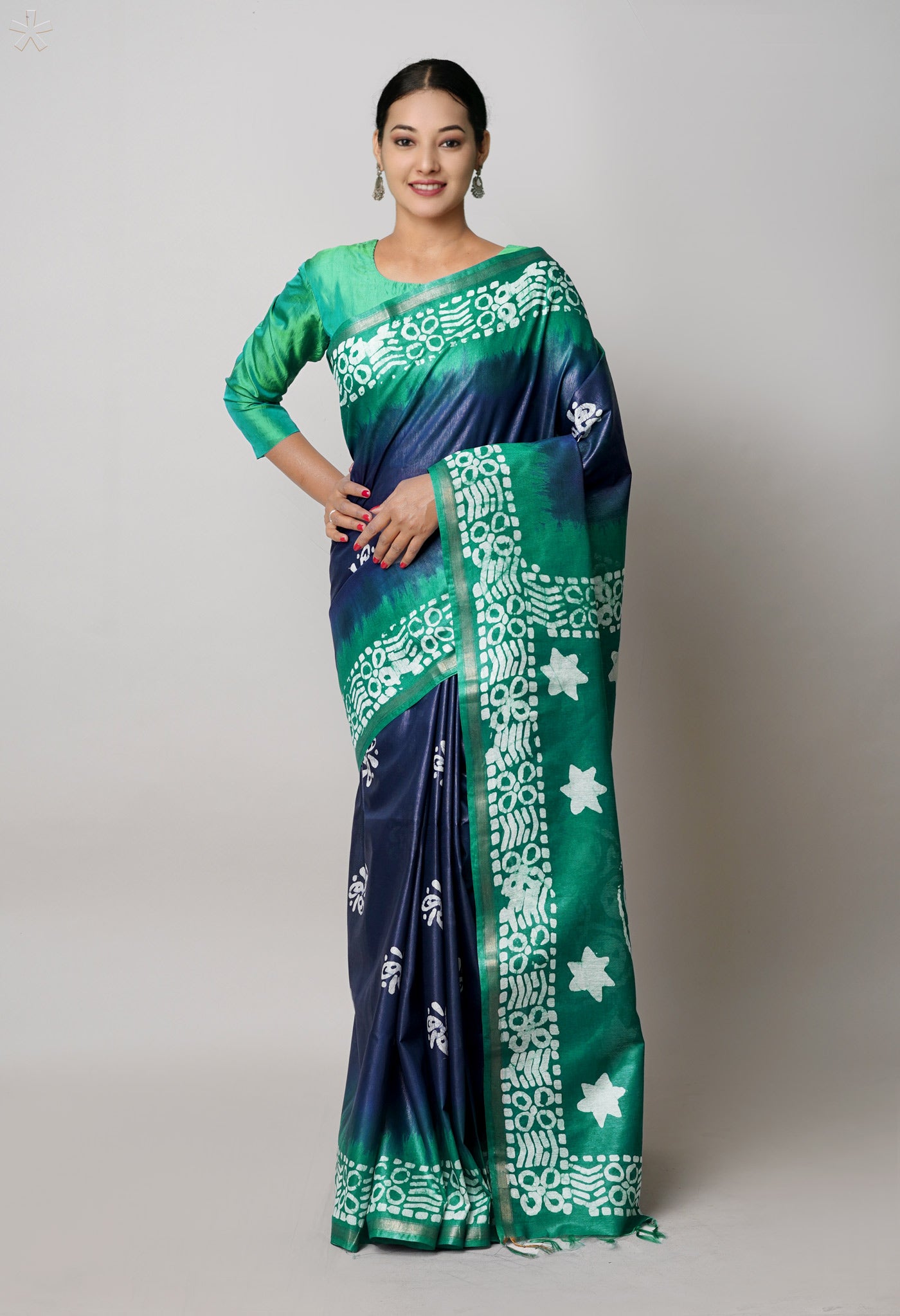 Navy BlueDark Green Pure Batik Printed Chanderi Sico Saree