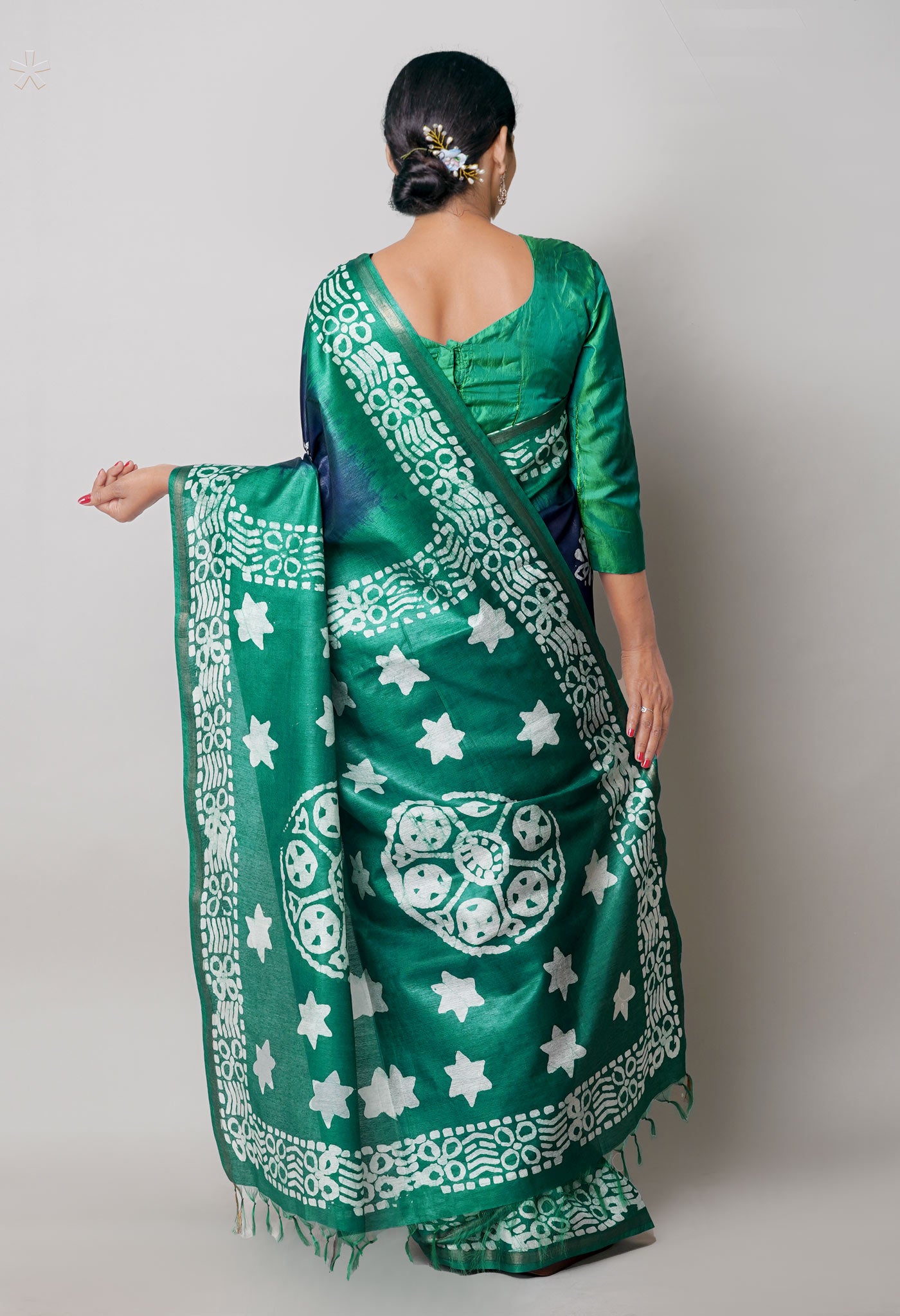 Navy BlueDark Green Pure Batik Printed Chanderi Sico Saree