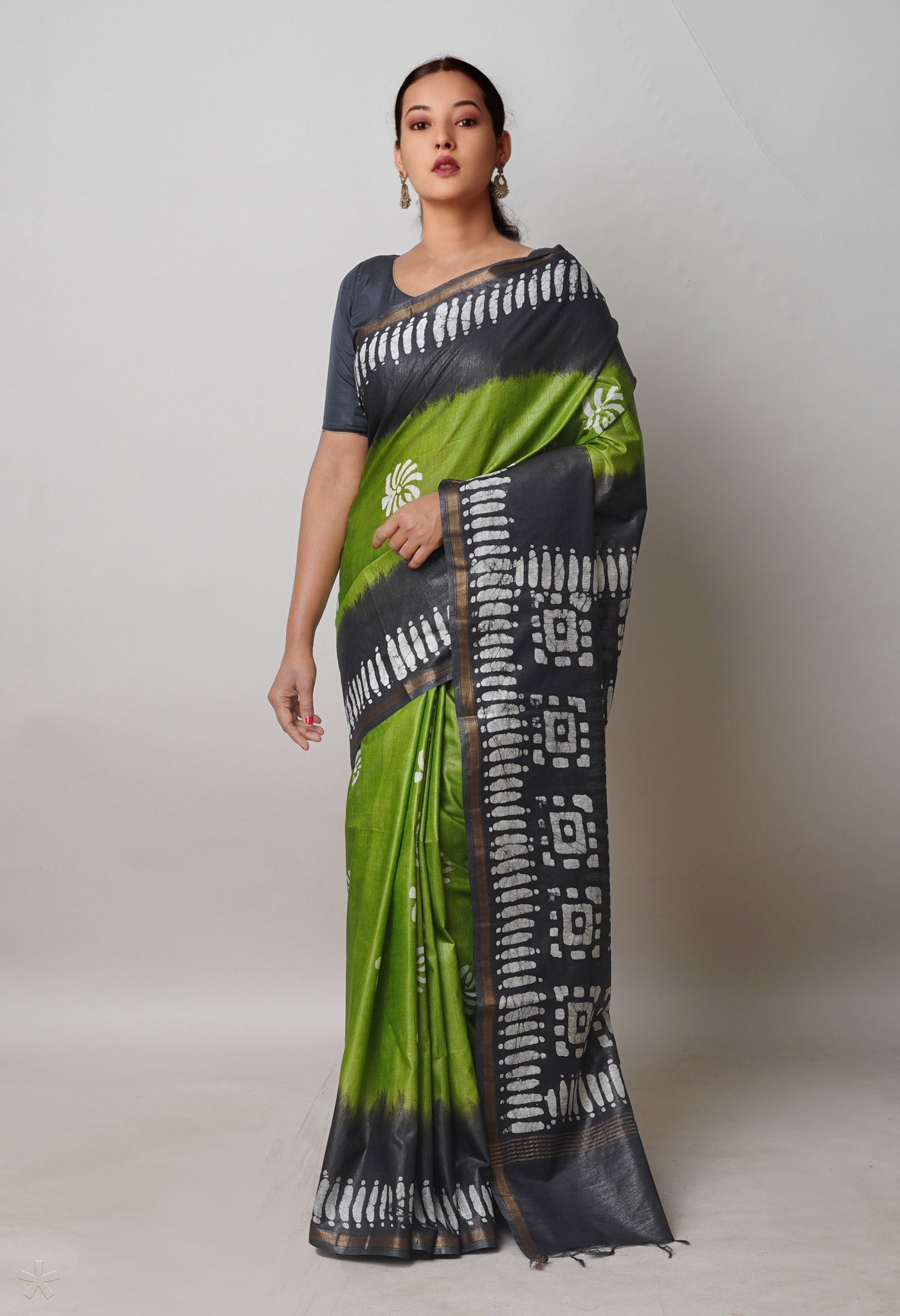 Olive Green-Black Pure Batik Printed Chanderi Sico Saree