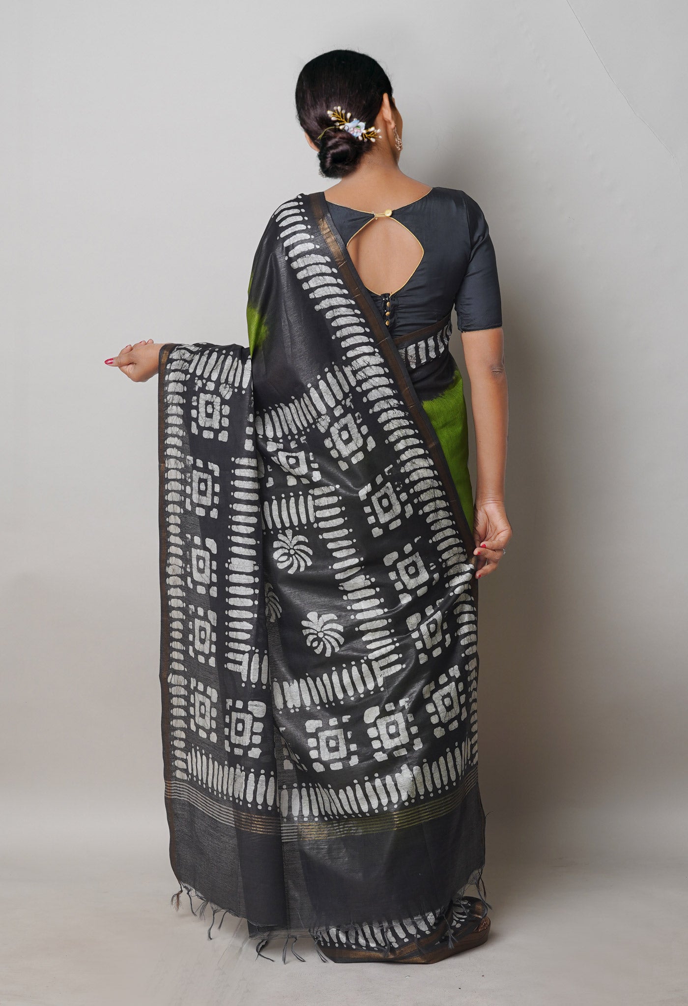 Olive Green-Black Pure Batik Printed Chanderi Sico Saree