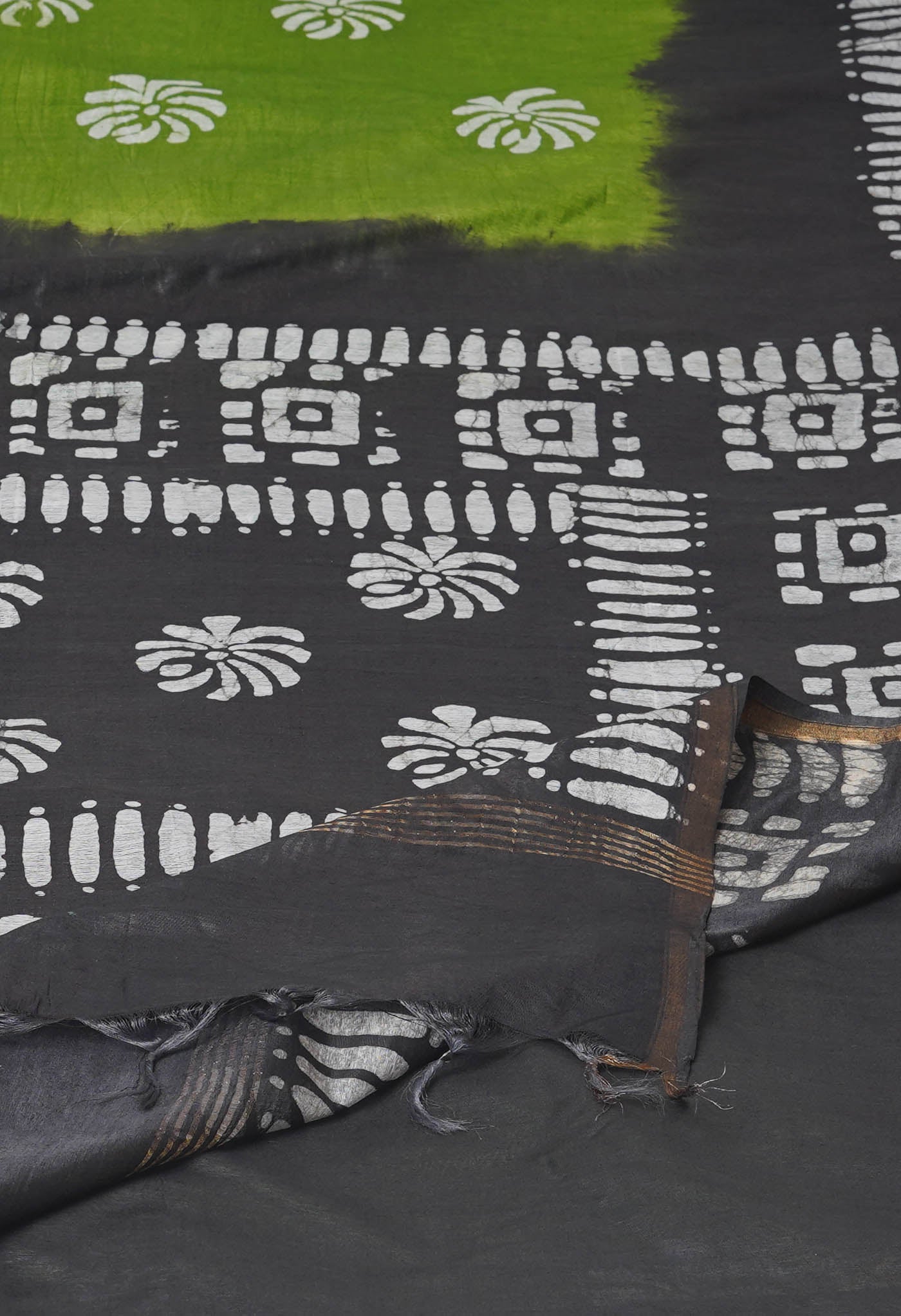 Olive Green-Black Pure Batik Printed Chanderi Sico Saree