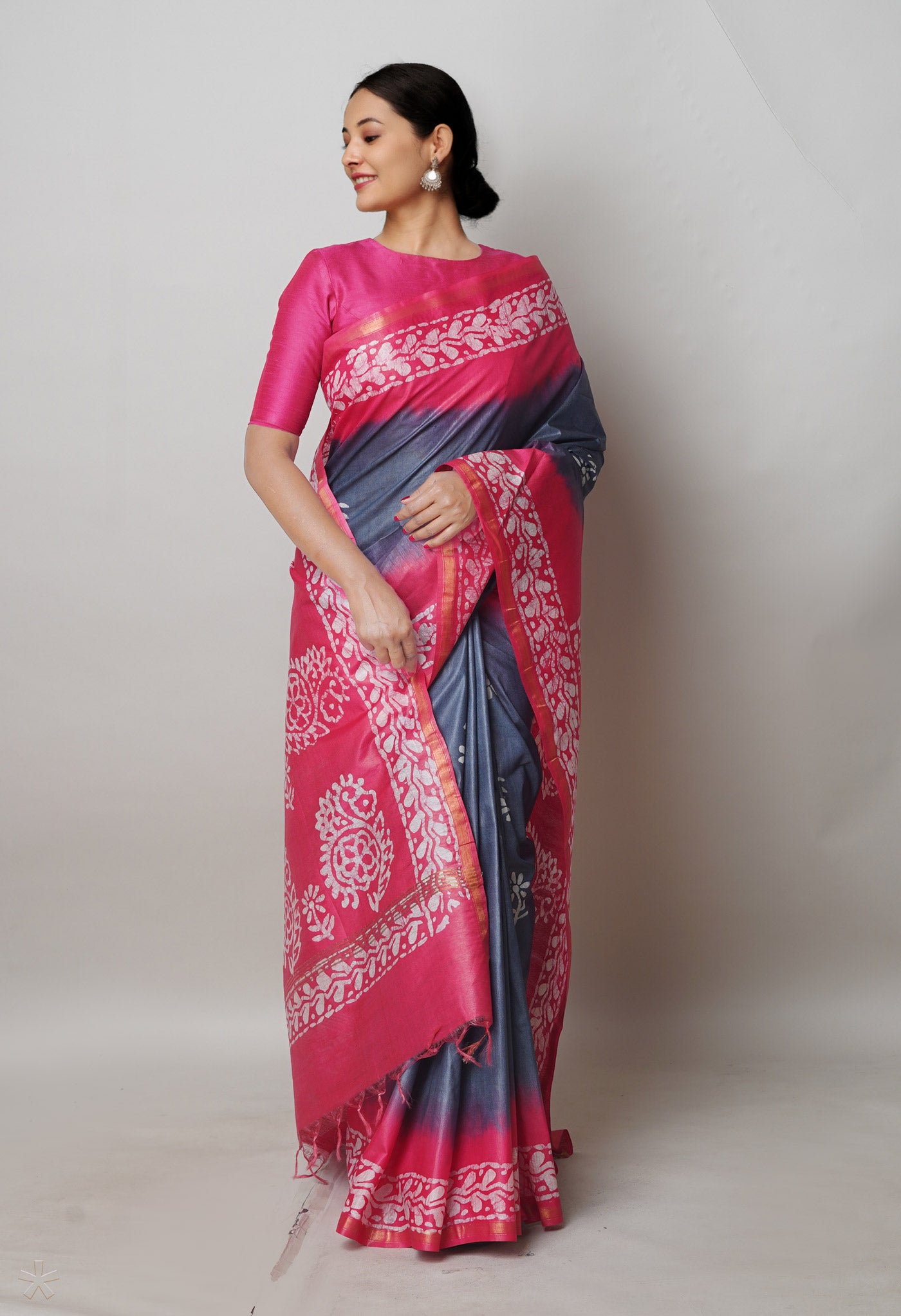 Grey-Pink Pure Batik Printed Chanderi Sico Saree