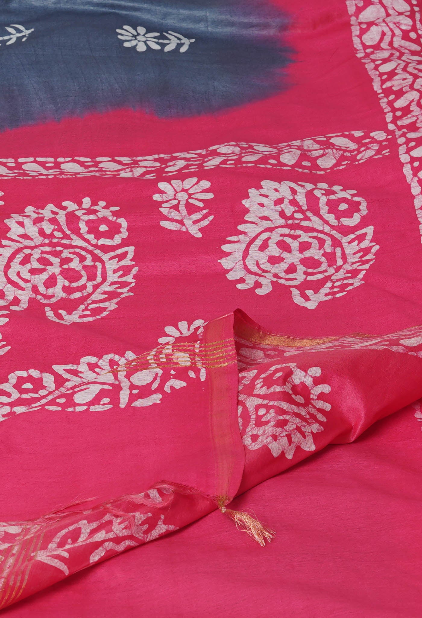 Grey-Pink Pure Batik Printed Chanderi Sico Saree
