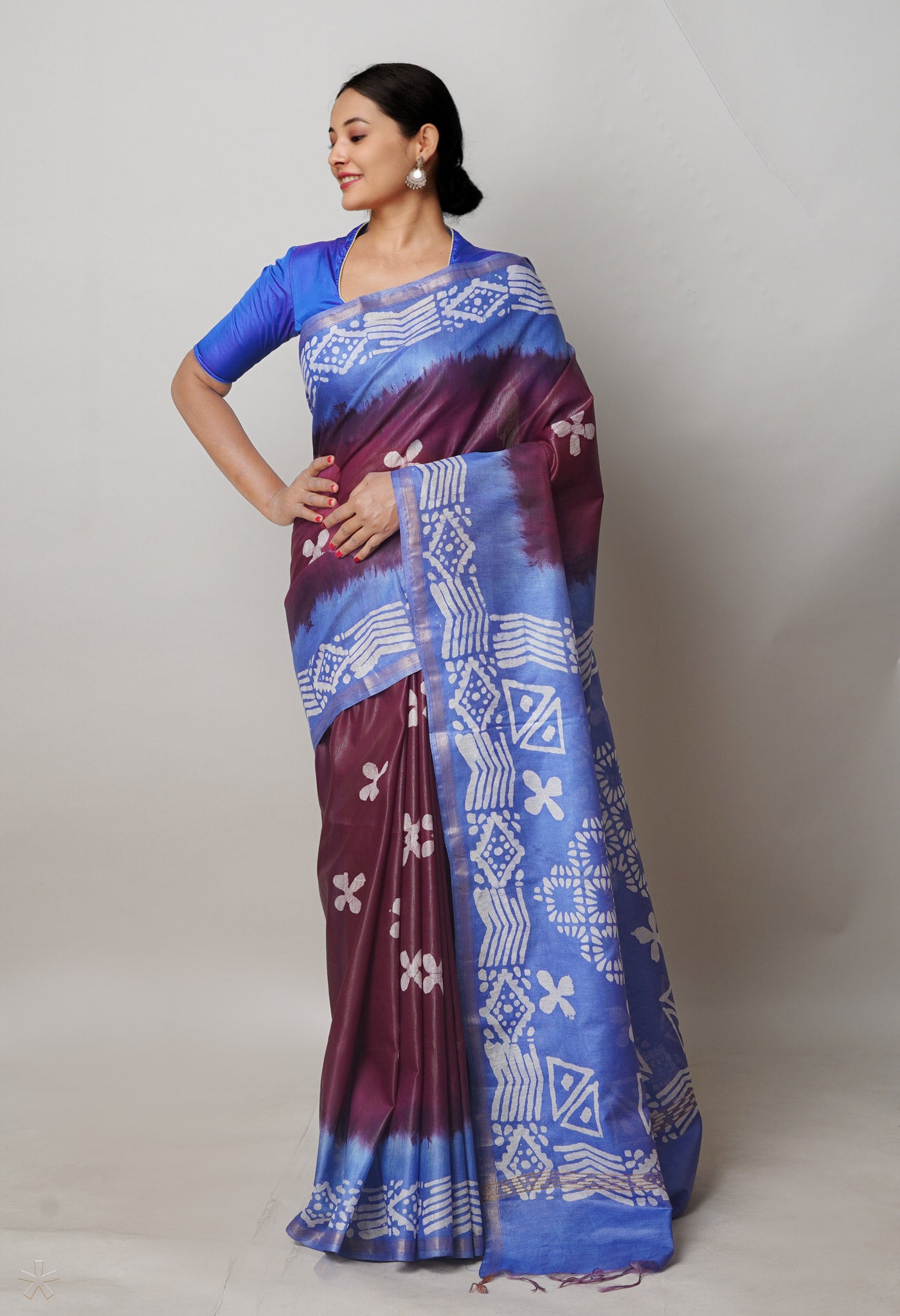 Purple-Blue Pure Batik Printed Chanderi Sico Saree