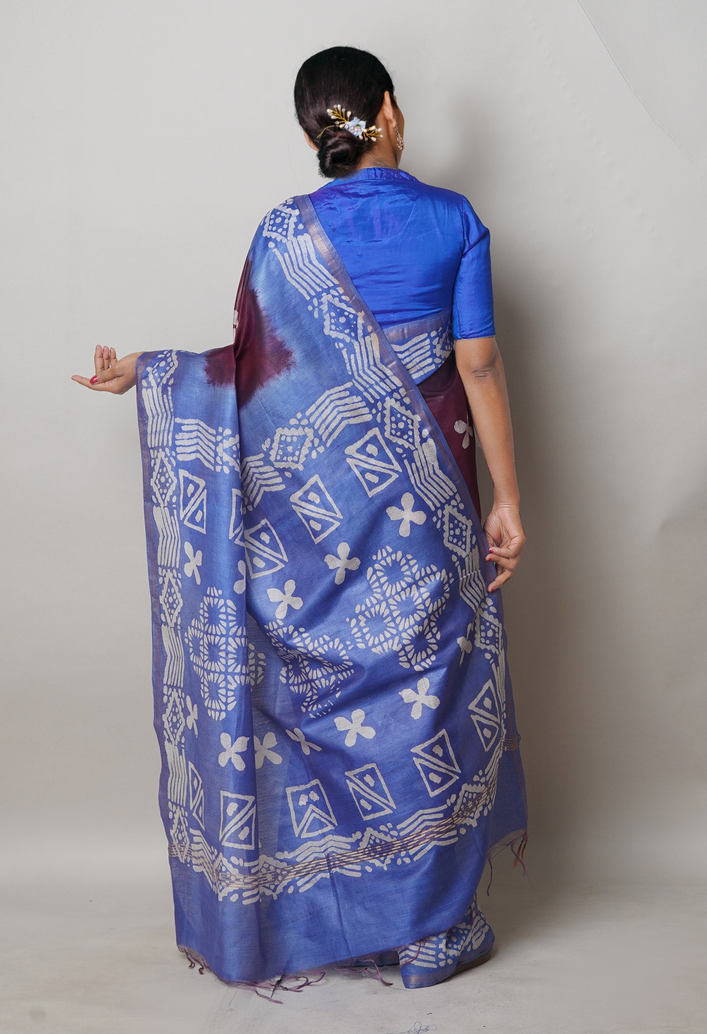 Purple-Blue Pure Batik Printed Chanderi Sico Saree