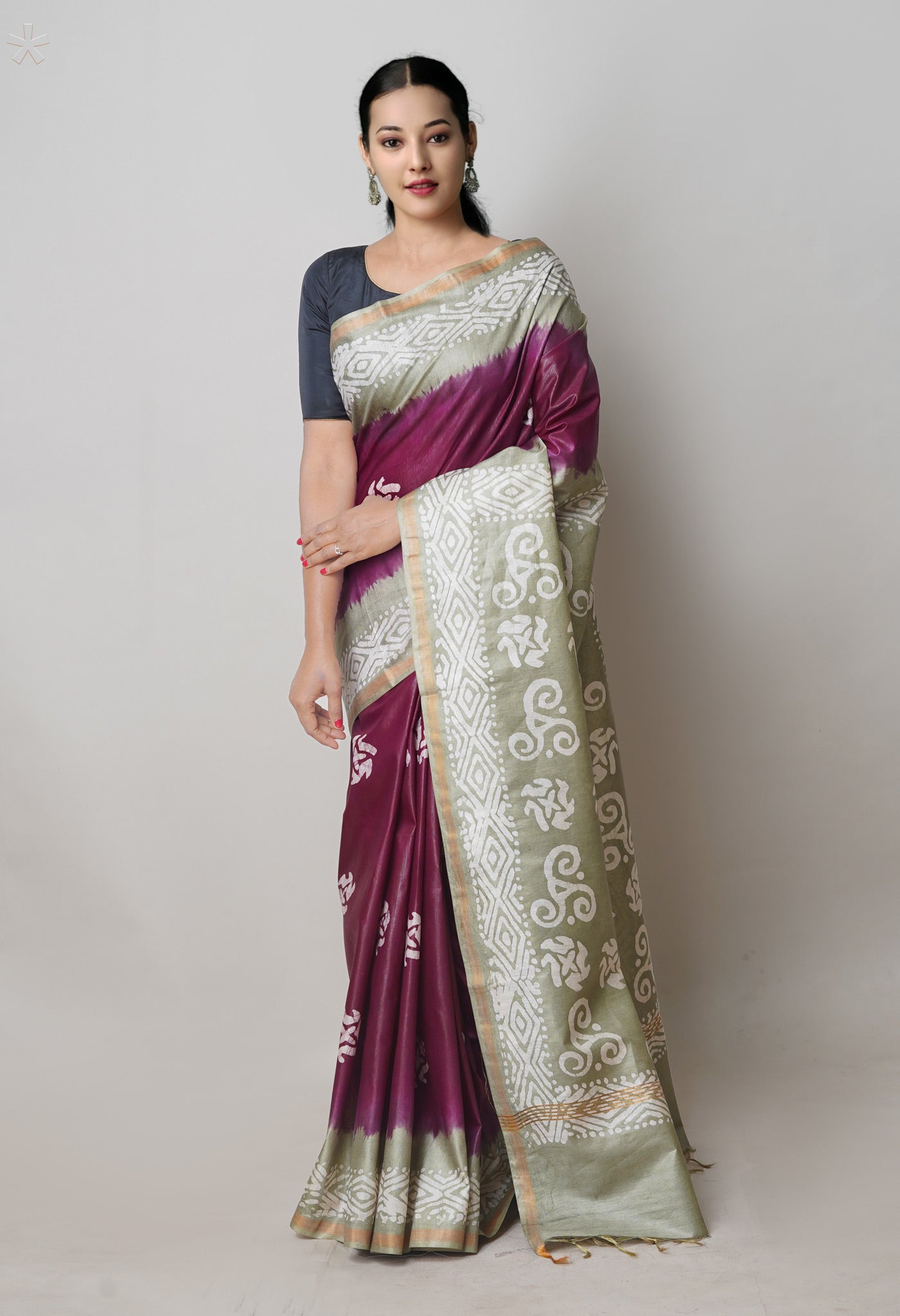 Purple-Grey Pure Batik Printed Chanderi Sico Saree