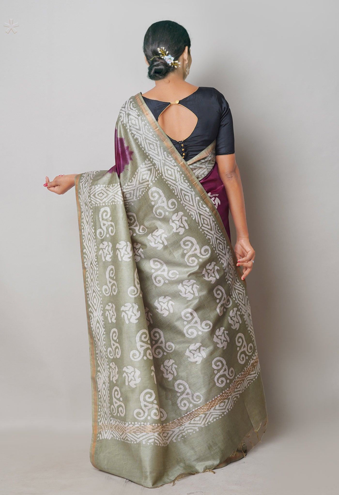 Purple-Grey Pure Batik Printed Chanderi Sico Saree