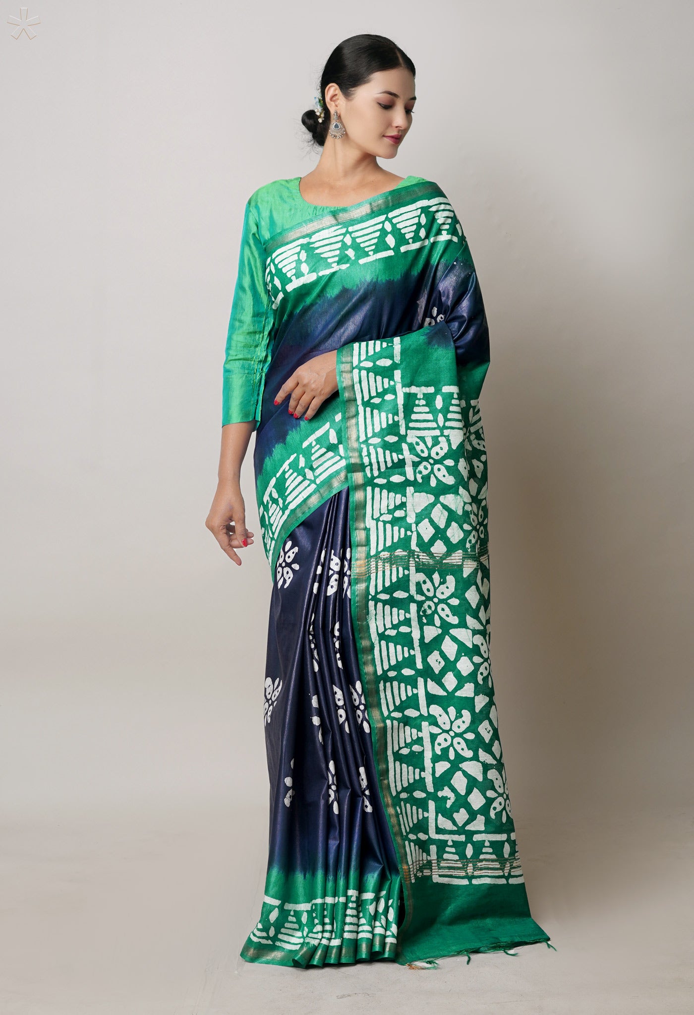 Navy Blue-Dark Green Pure Batik Printed Chanderi Sico Saree