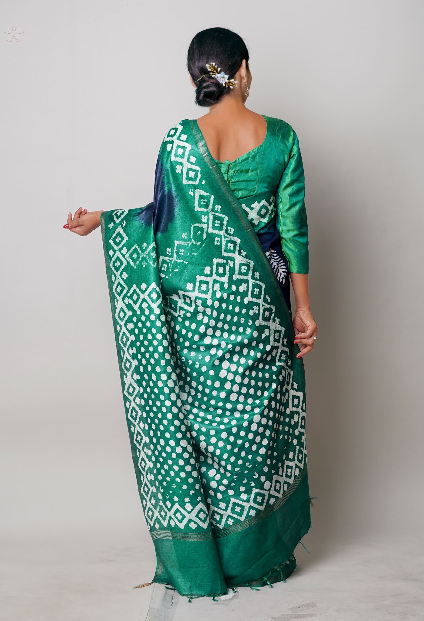 Navy Blue-Dark Green Pure Batik Printed Chanderi Sico Saree