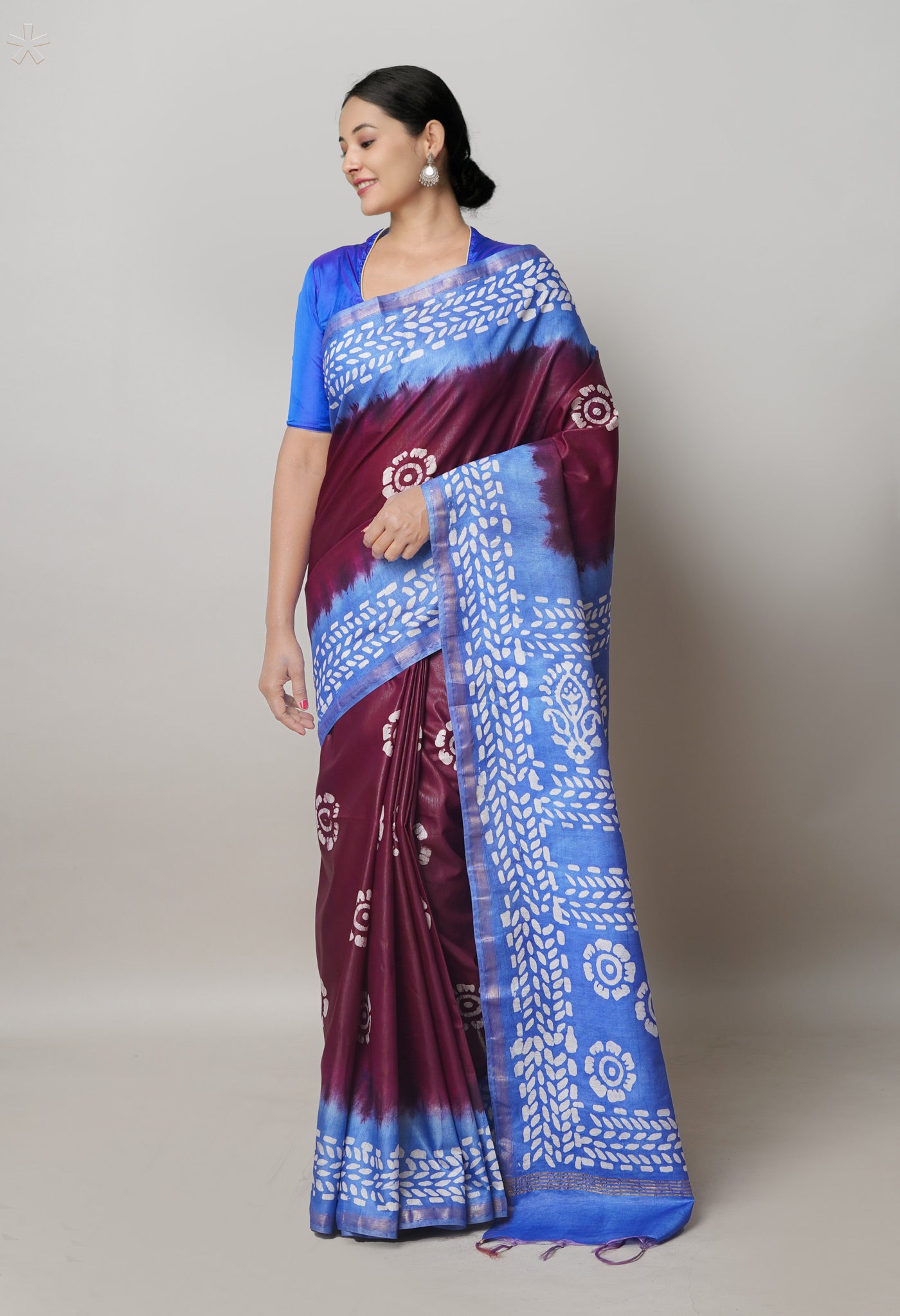 Purple-Blue Pure Batik Printed Chanderi Sico Saree