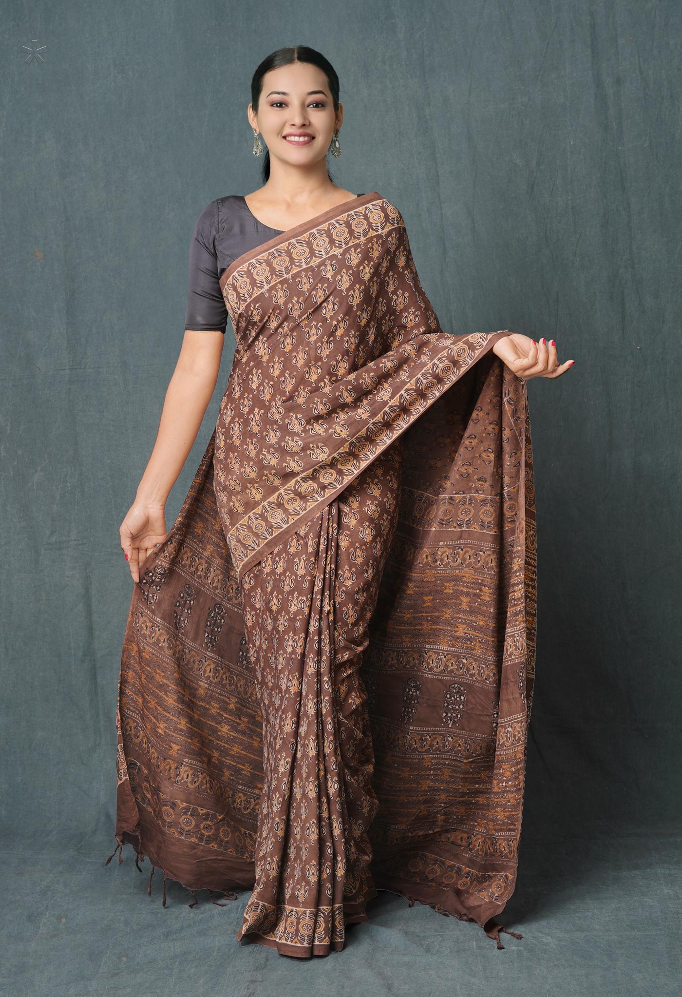 Taupe Brown Ajrakh Hand Block Printed Chanderi Silk Saree-UNM74868
