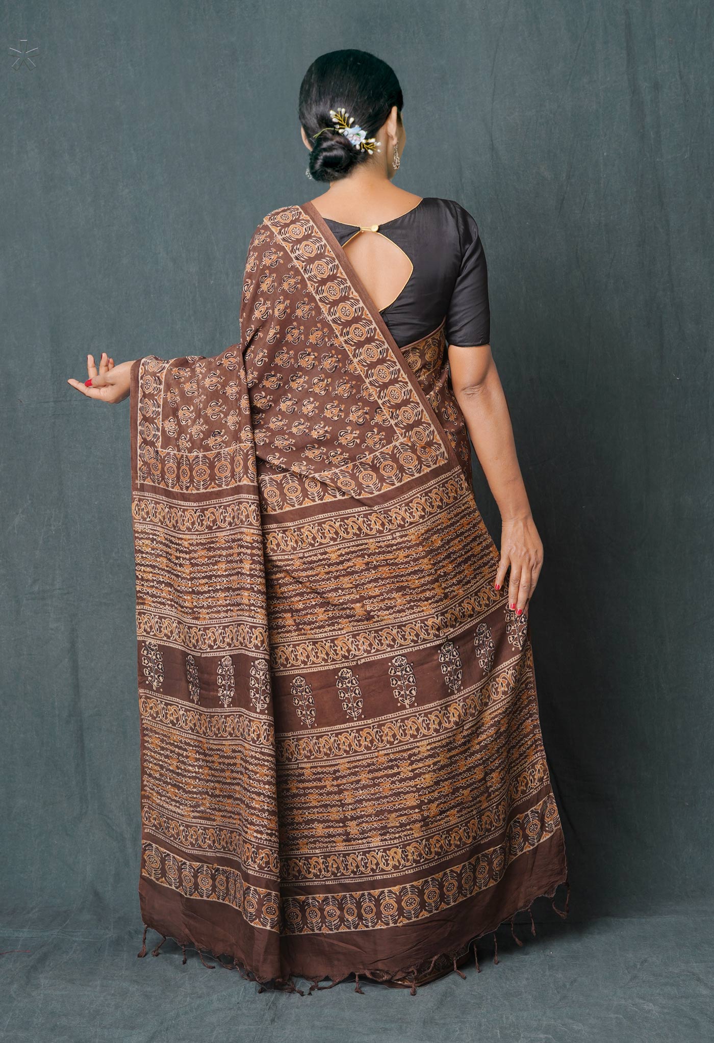 Taupe Brown Ajrakh Hand Block Printed Chanderi Silk Saree-UNM74868