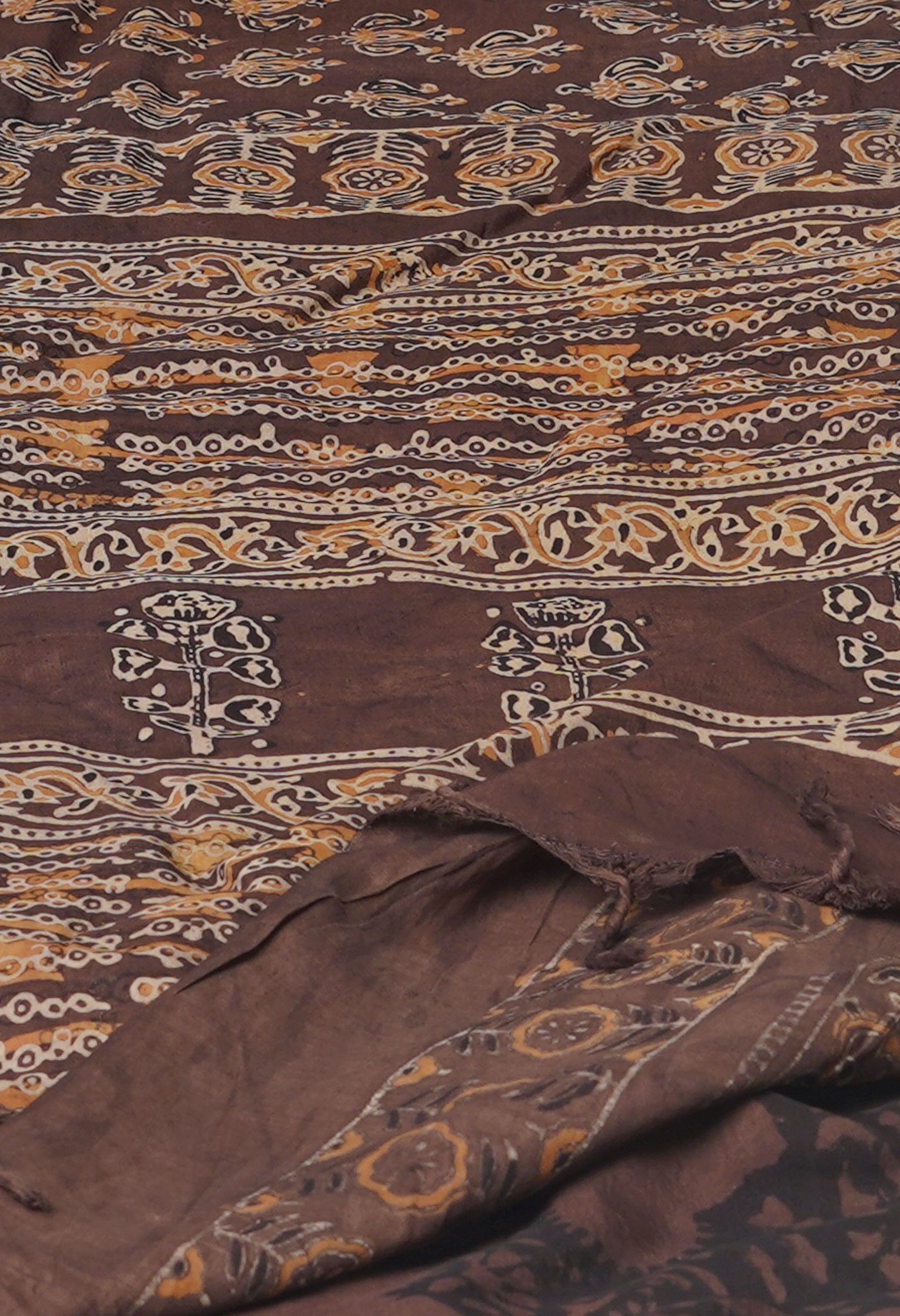 Taupe Brown Ajrakh Hand Block Printed Chanderi Silk Saree-UNM74868