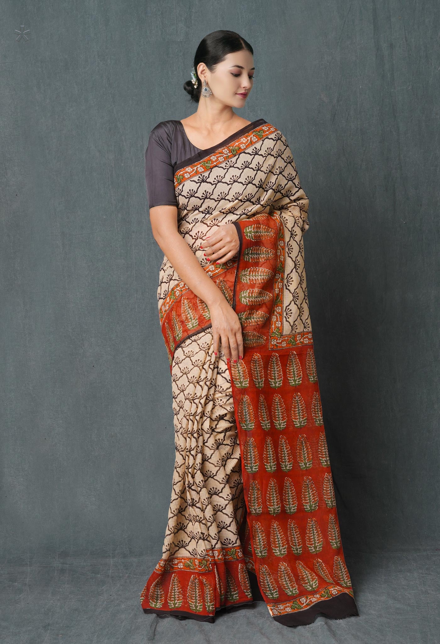Off White Pure Hand Block Printed Kota Cotton Saree-UNM74875