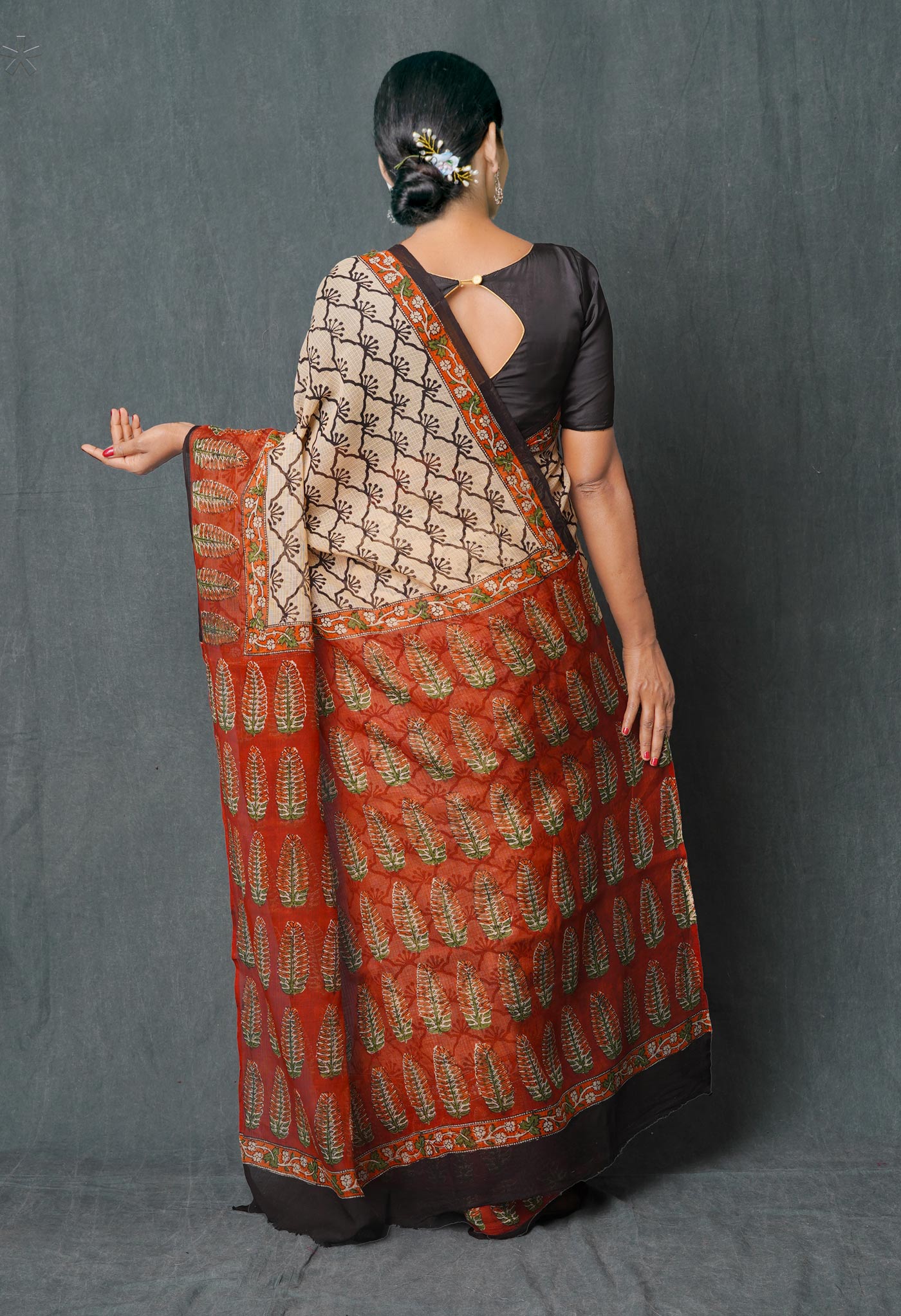 Off White Pure Hand Block Printed Kota Cotton Saree-UNM74875