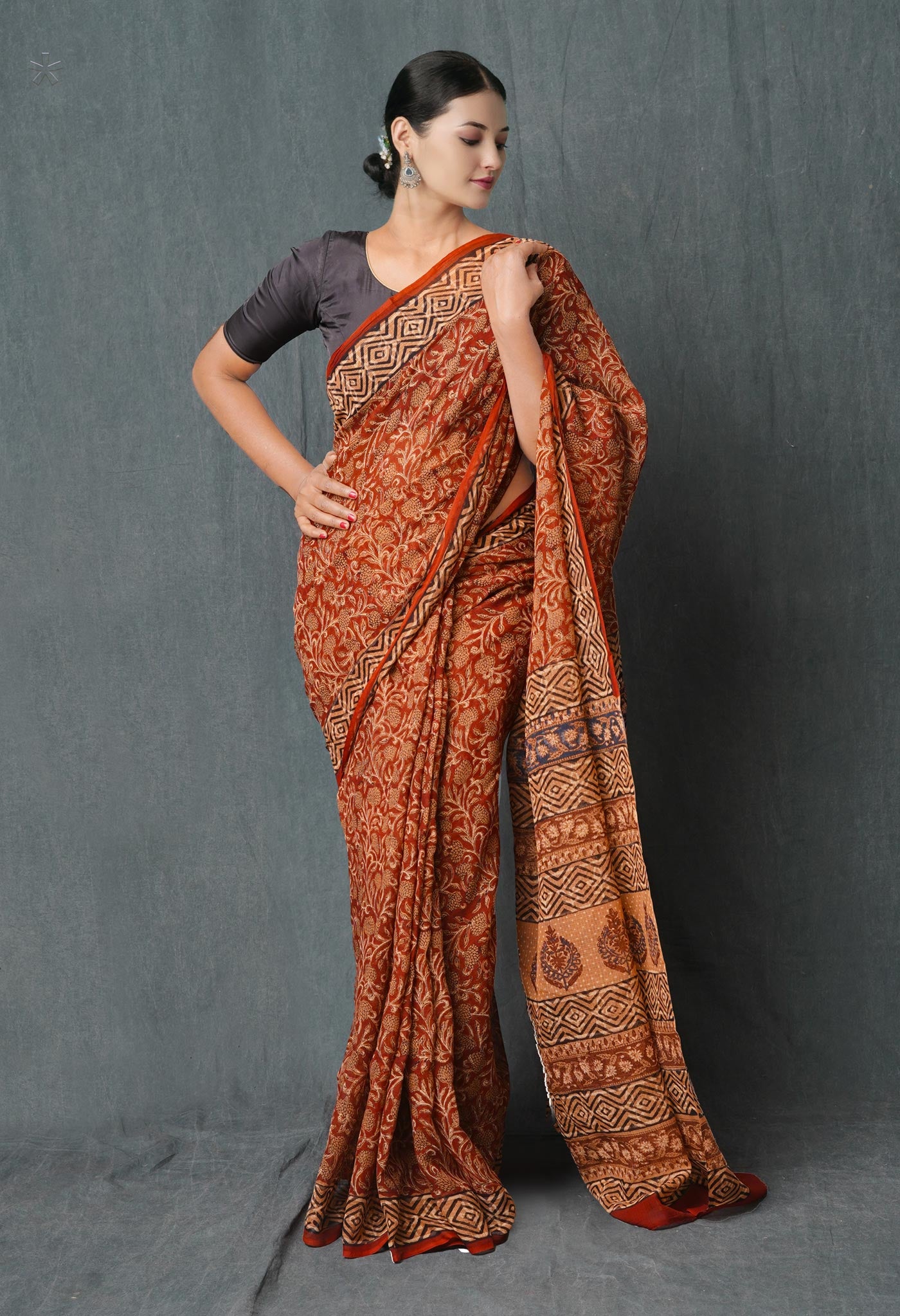 Peach Orange Pure Ajrakh Hand Block Printed Kota Cotton Saree-UNM74879
