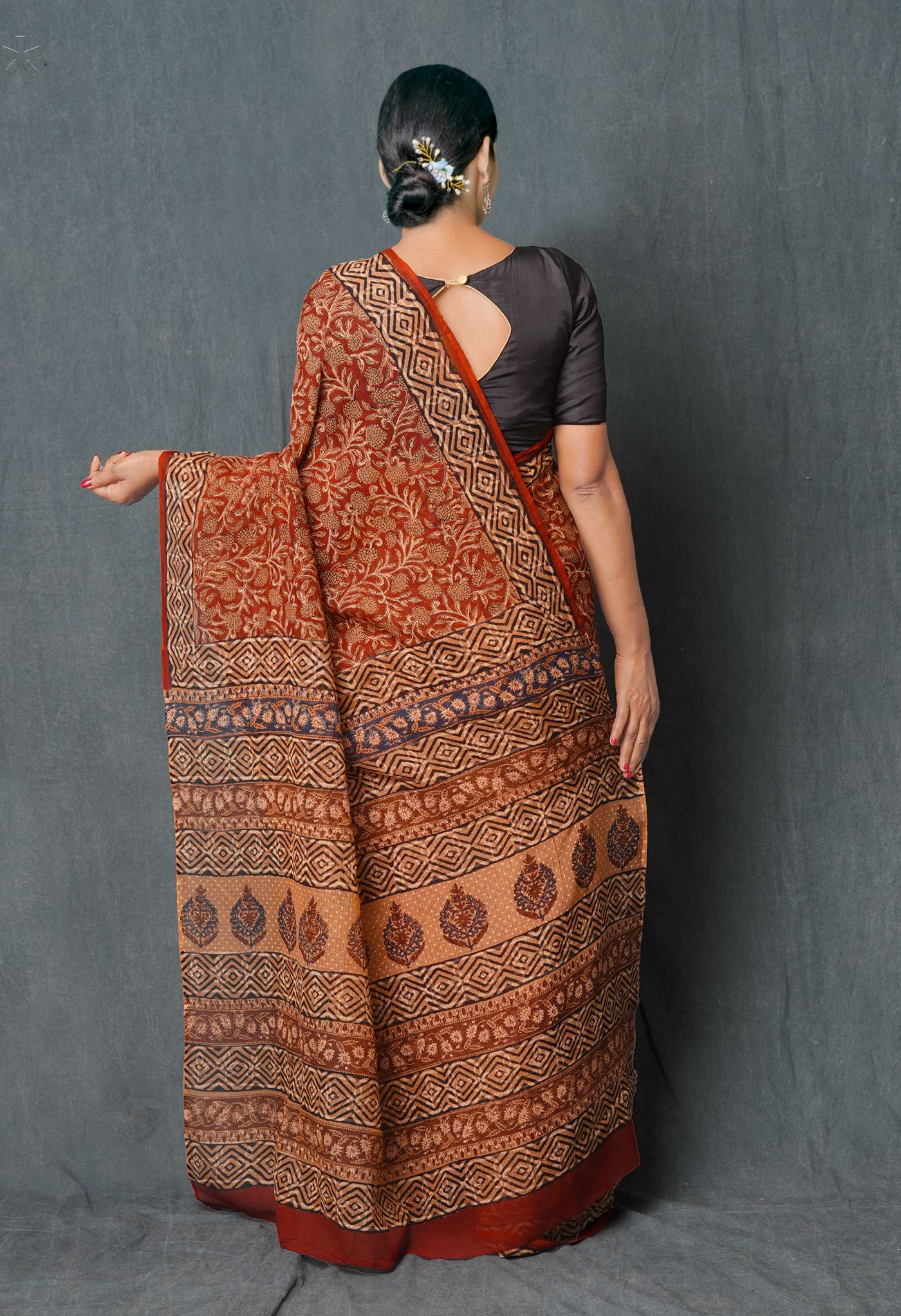Peach Orange Pure Ajrakh Hand Block Printed Kota Cotton Saree-UNM74879