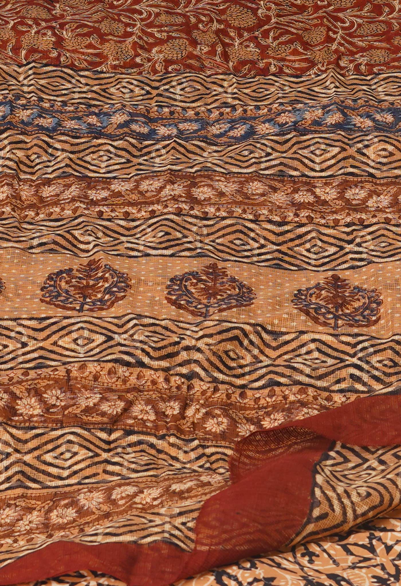 Peach Orange Pure Ajrakh Hand Block Printed Kota Cotton Saree-UNM74879