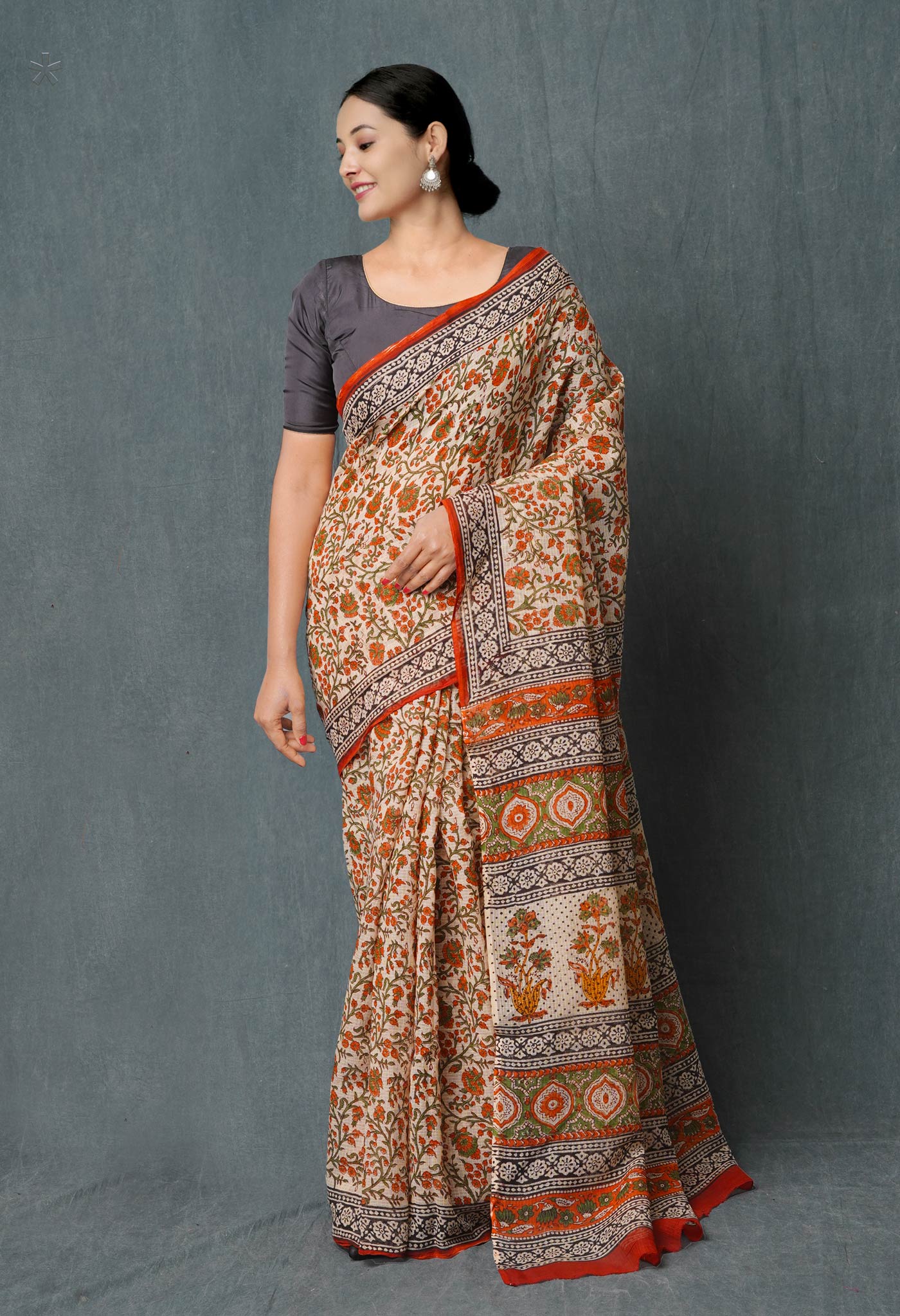 Cream Pure Bagru Hand Block Printed Kota Cotton Saree-UNM74883