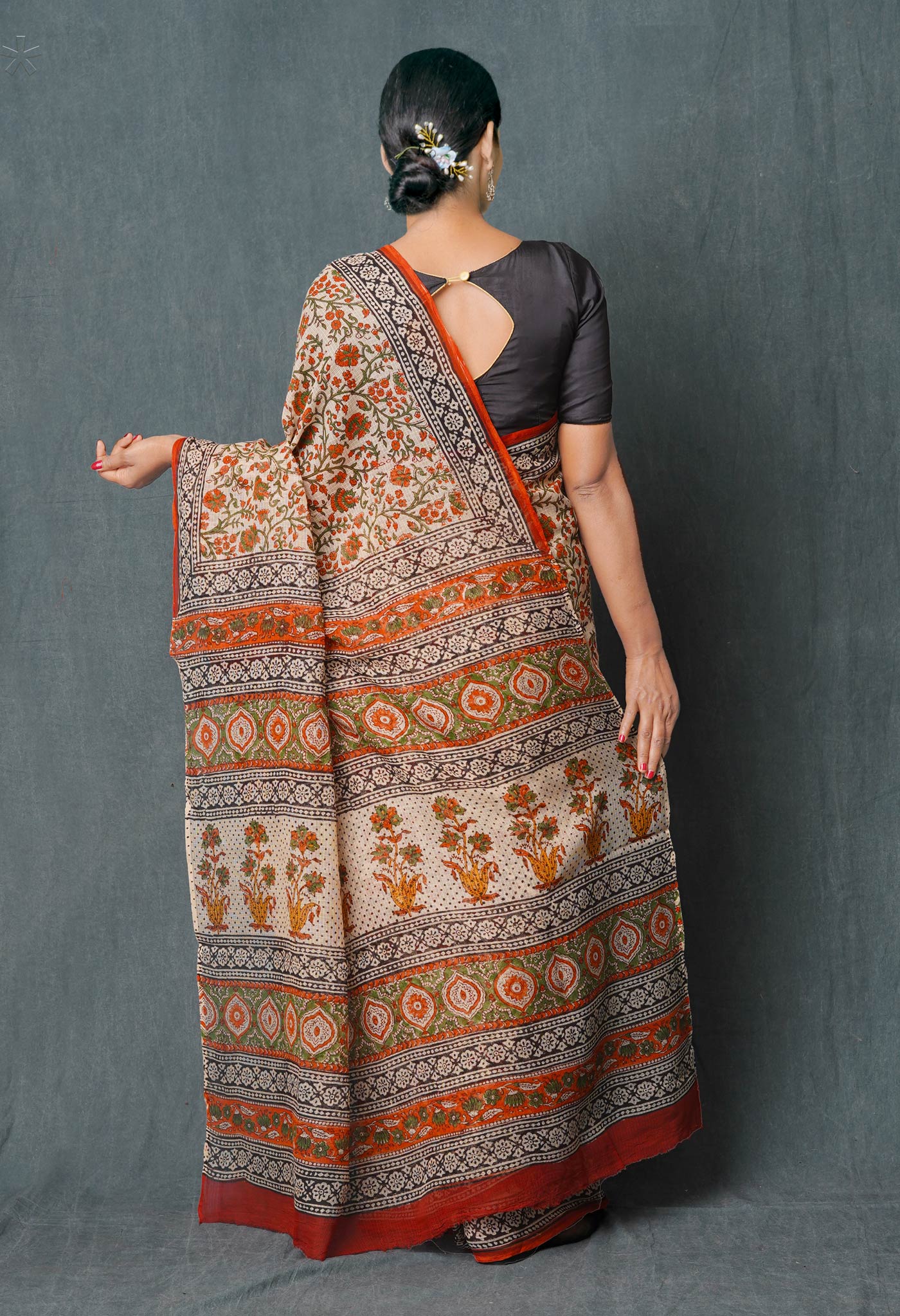 Cream Pure Bagru Hand Block Printed Kota Cotton Saree-UNM74883