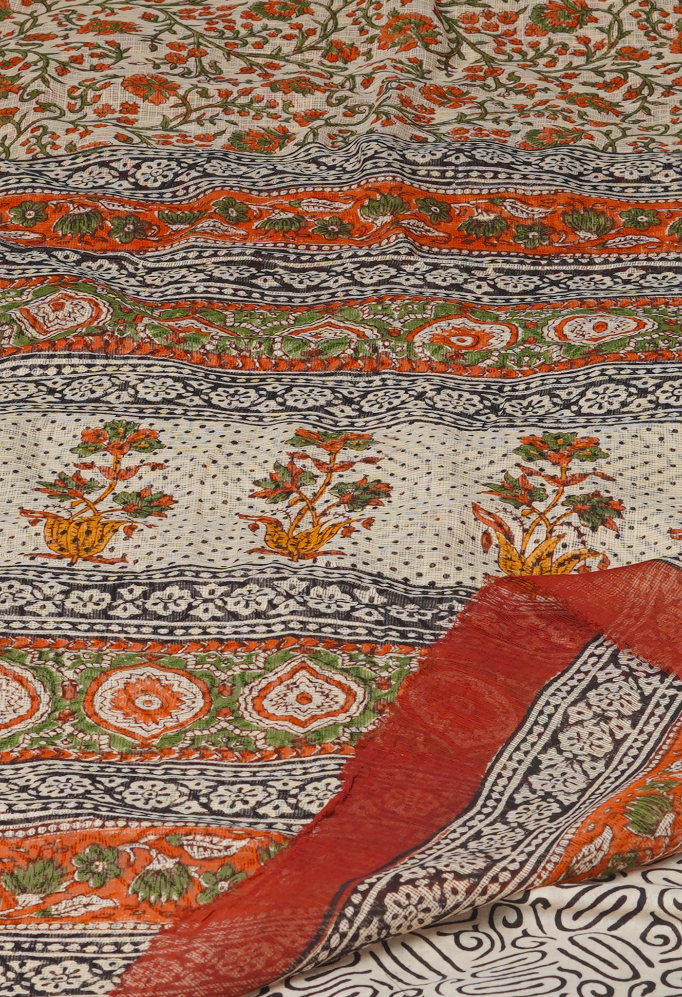 Cream Pure Bagru Hand Block Printed Kota Cotton Saree-UNM74883