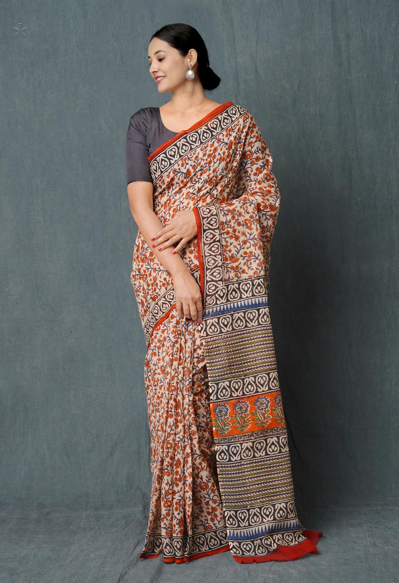 Cream Pure Bagru Hand Block Printed Kota Cotton Saree-UNM74886
