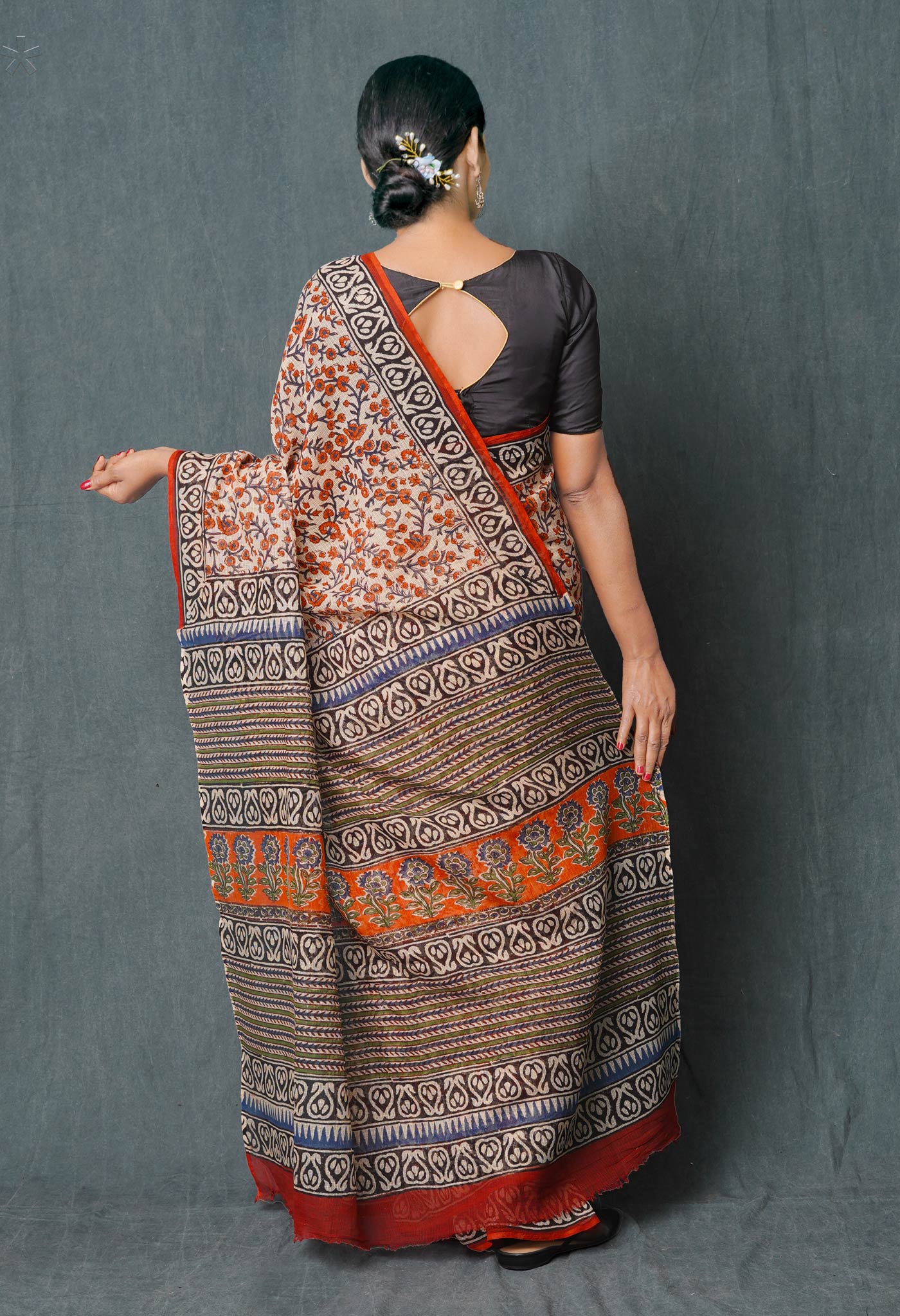 Cream Pure Bagru Hand Block Printed Kota Cotton Saree-UNM74886