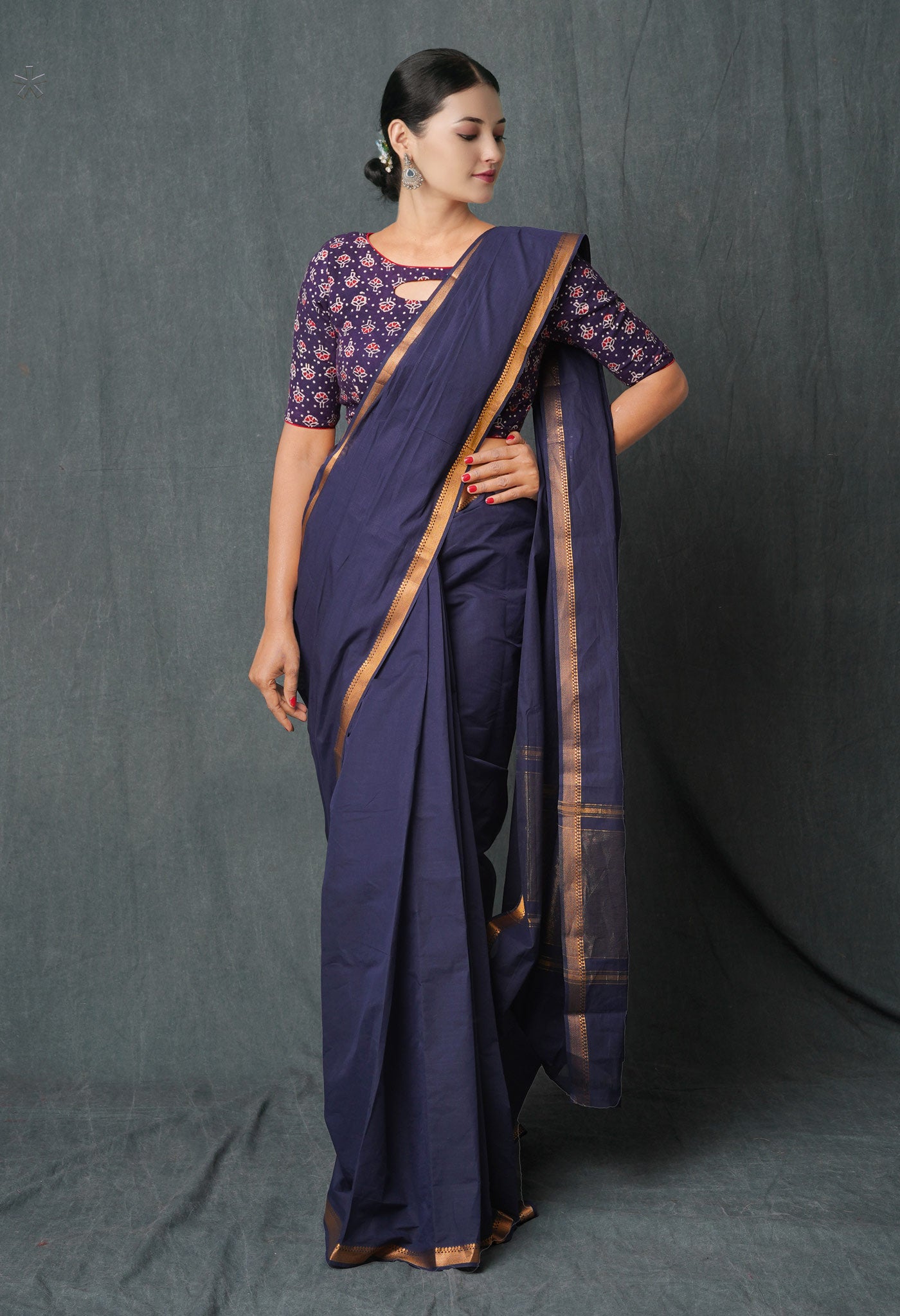 Navy Blue Pure Handloom Mangalagiri With Nizam Border Cotton Saree