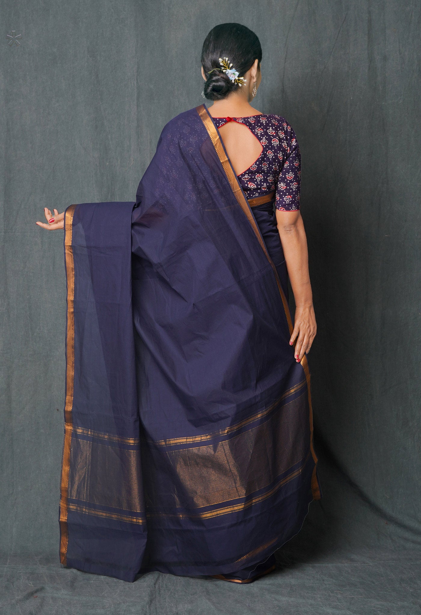 Navy Blue Pure Handloom Mangalagiri With Nizam Border Cotton Saree