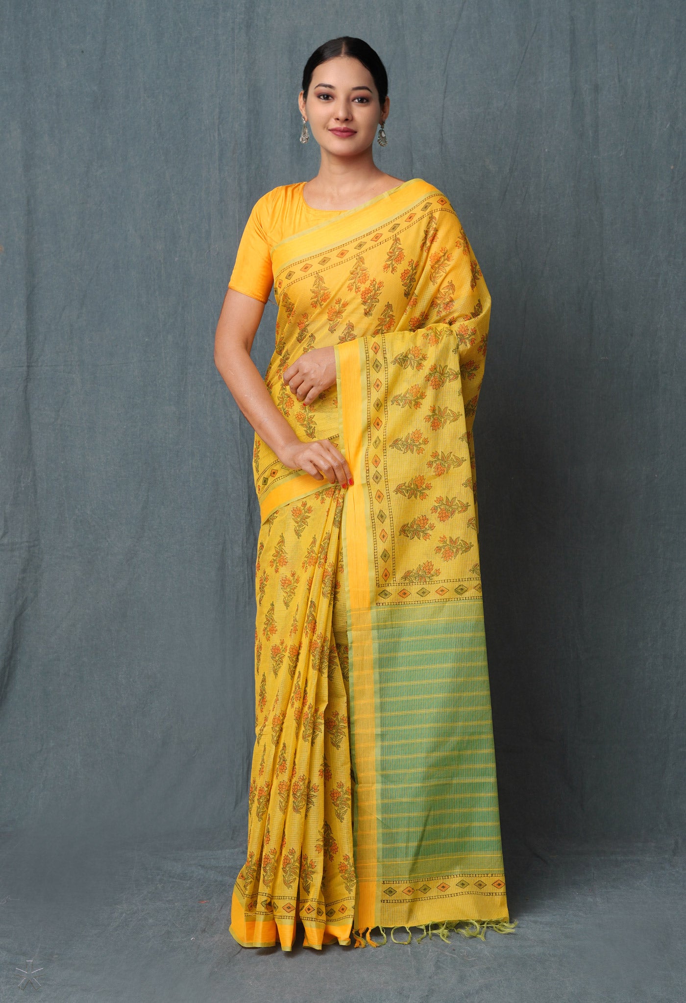 Yellow Pure Block Printed Maheshwari Cotton Saree