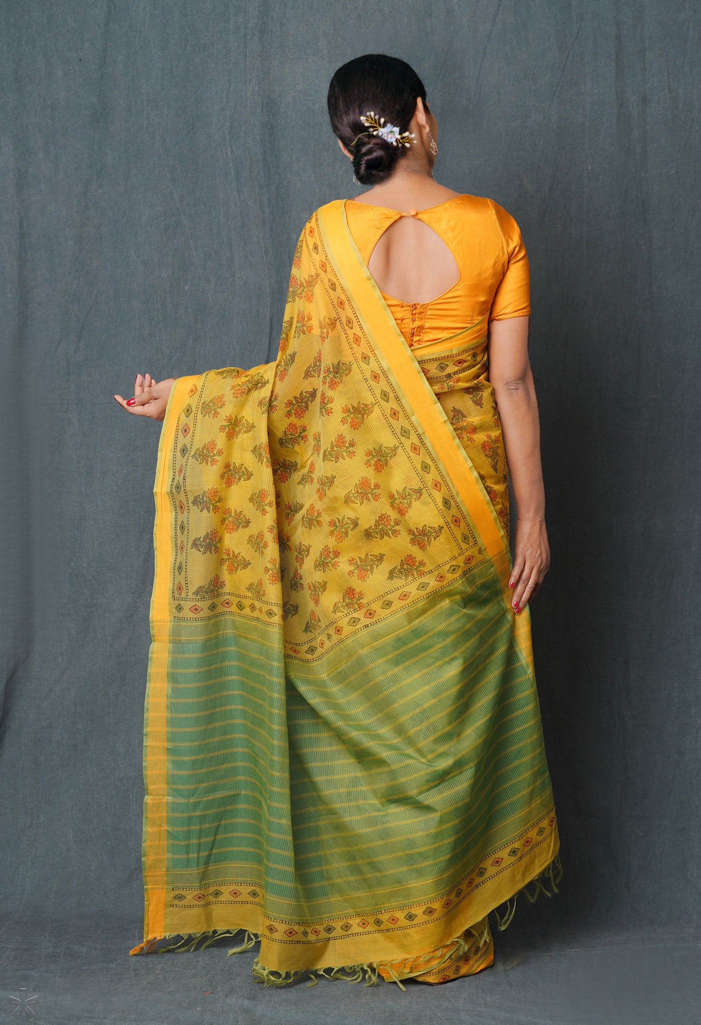 Yellow Pure Block Printed Maheshwari Cotton Saree