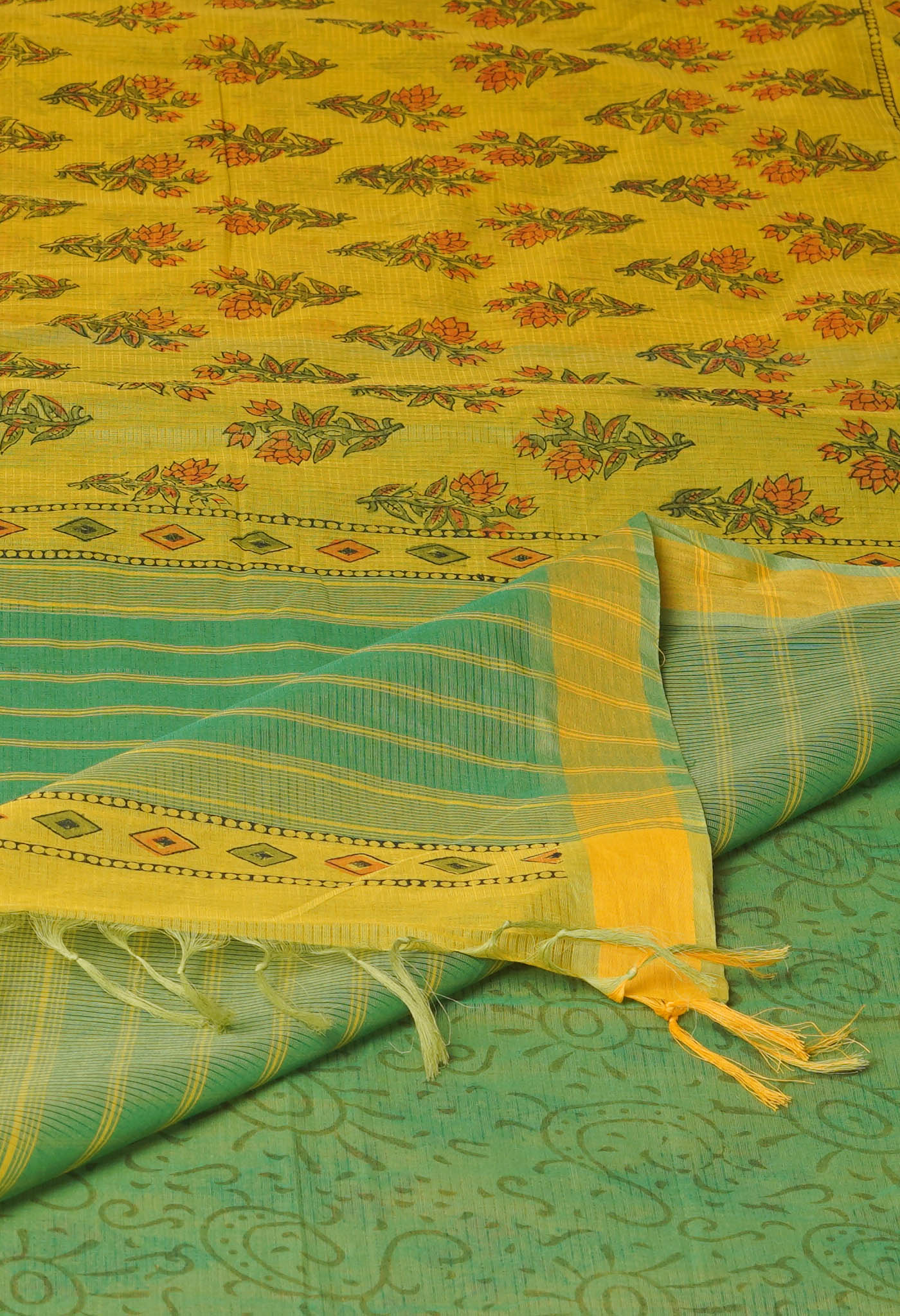 Yellow Pure Block Printed Maheshwari Cotton Saree