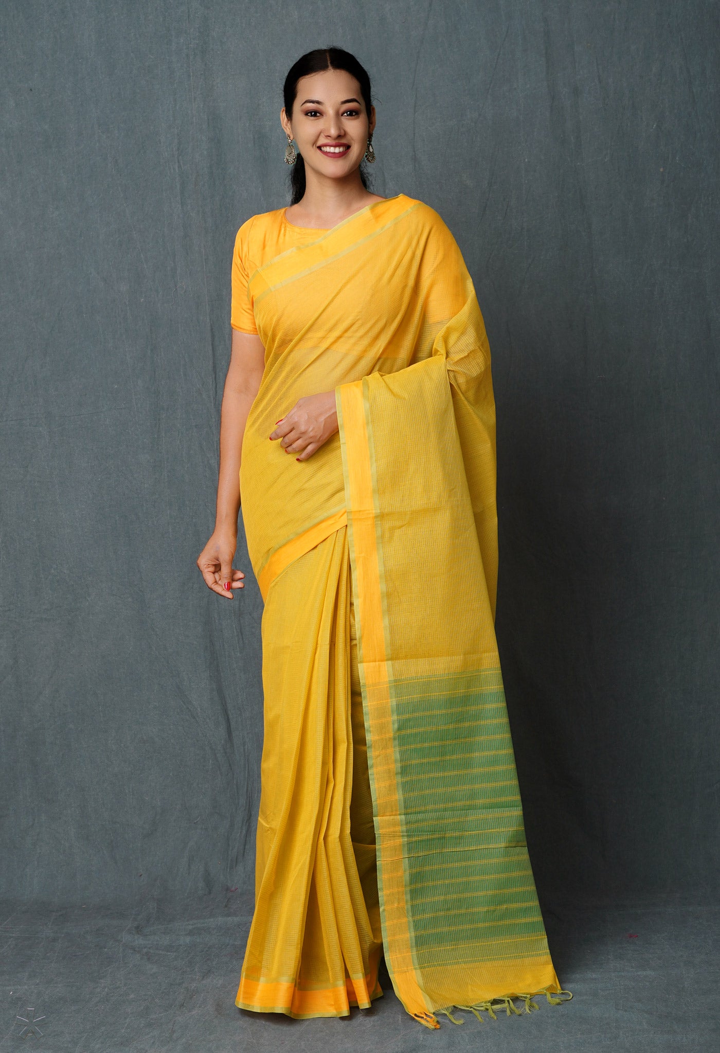 Yellow-Green Pure Plain Maheshwari Cotton Saree