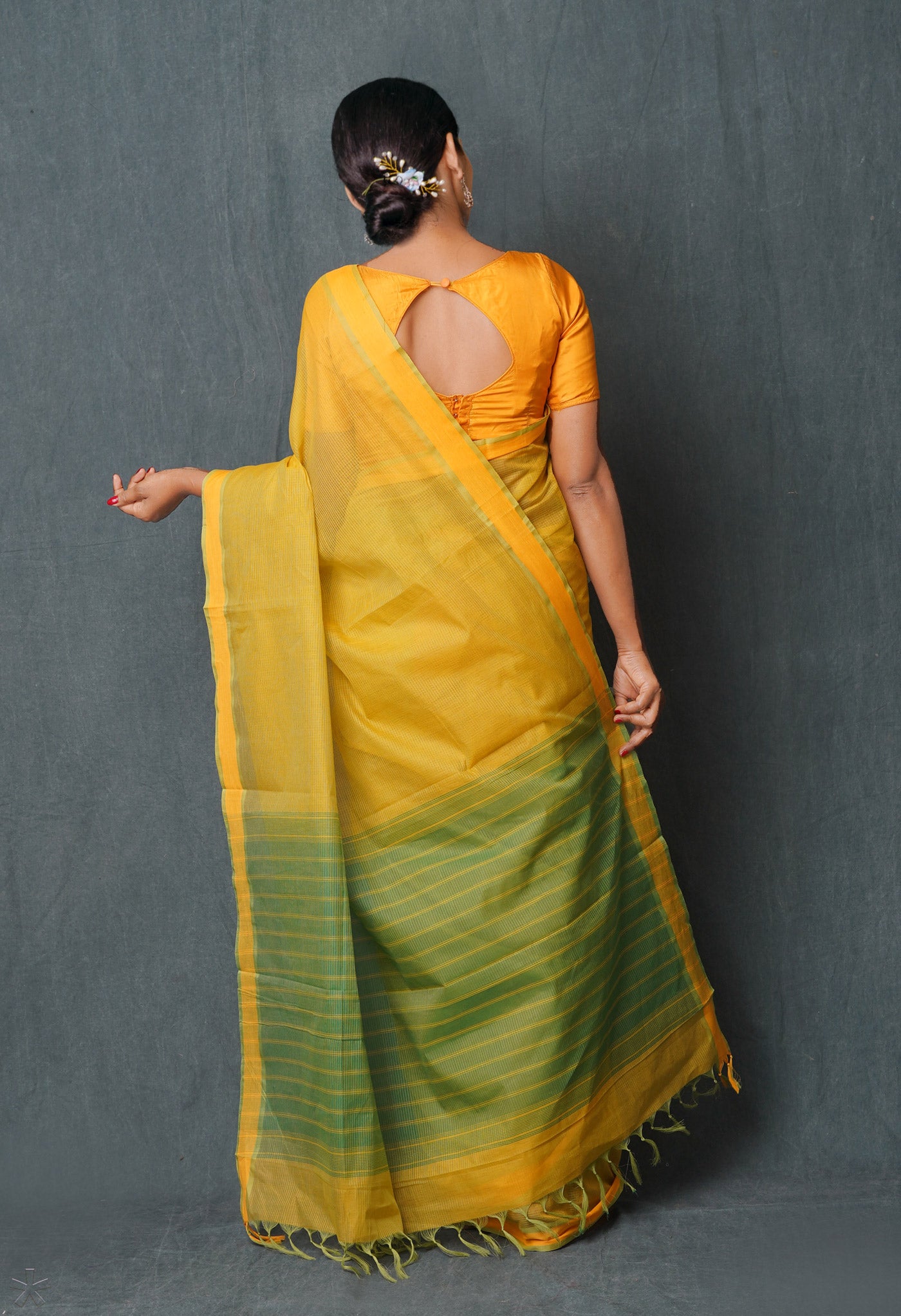 Yellow-Green Pure Plain Maheshwari Cotton Saree