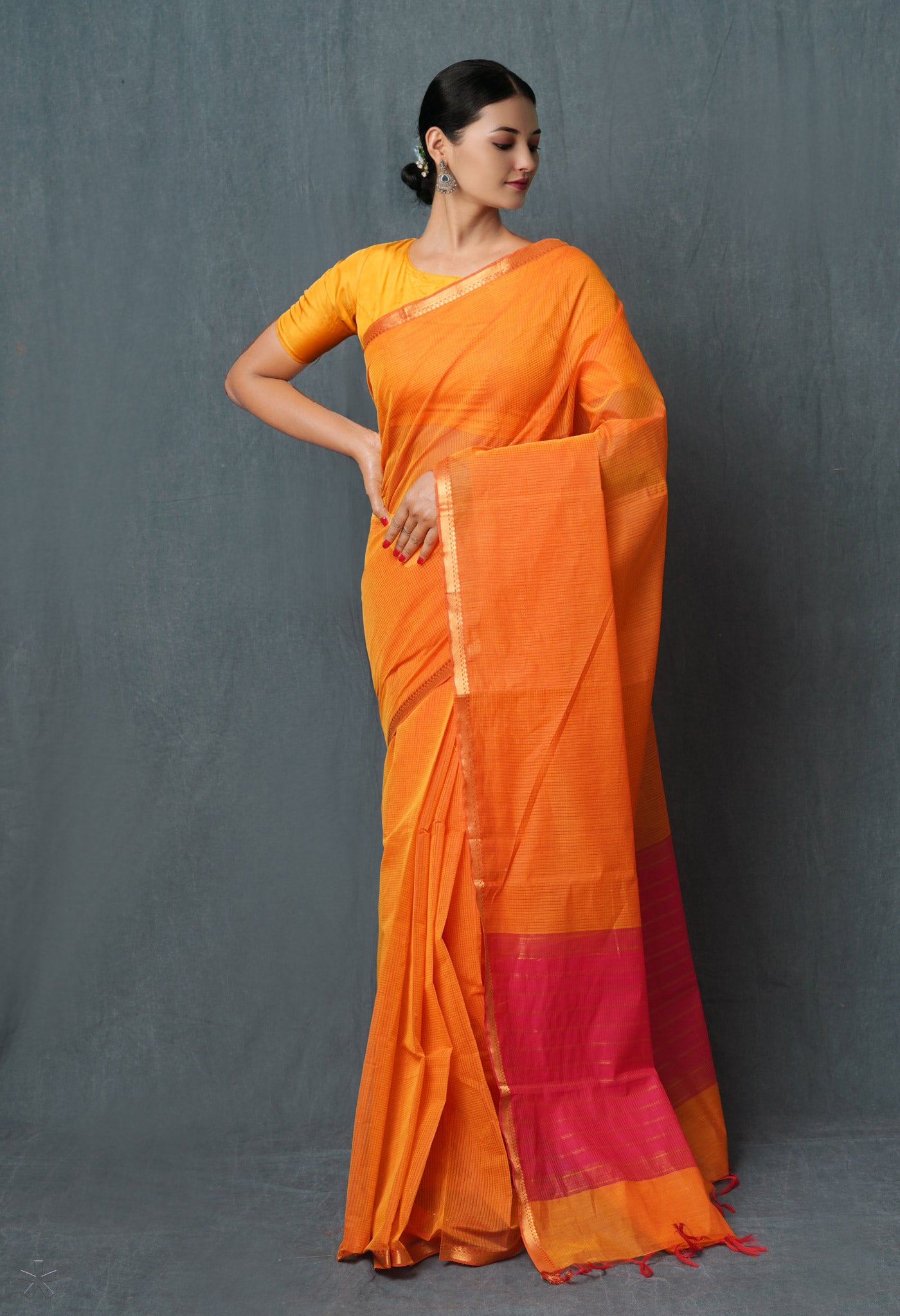 Orange Pure Plain Maheshwari Cotton Saree