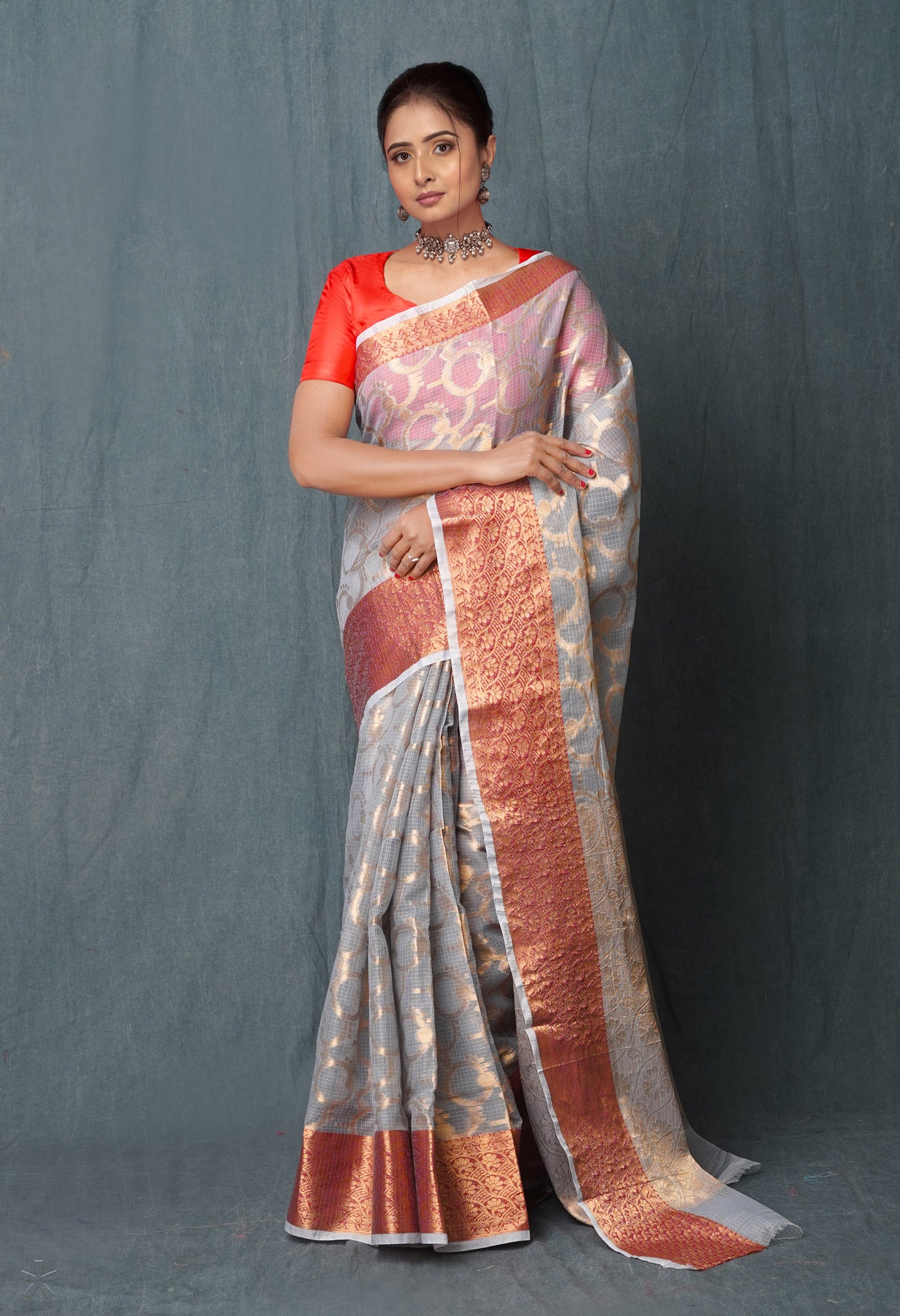 Grey Pure Banarasi Kota Cotton Saree