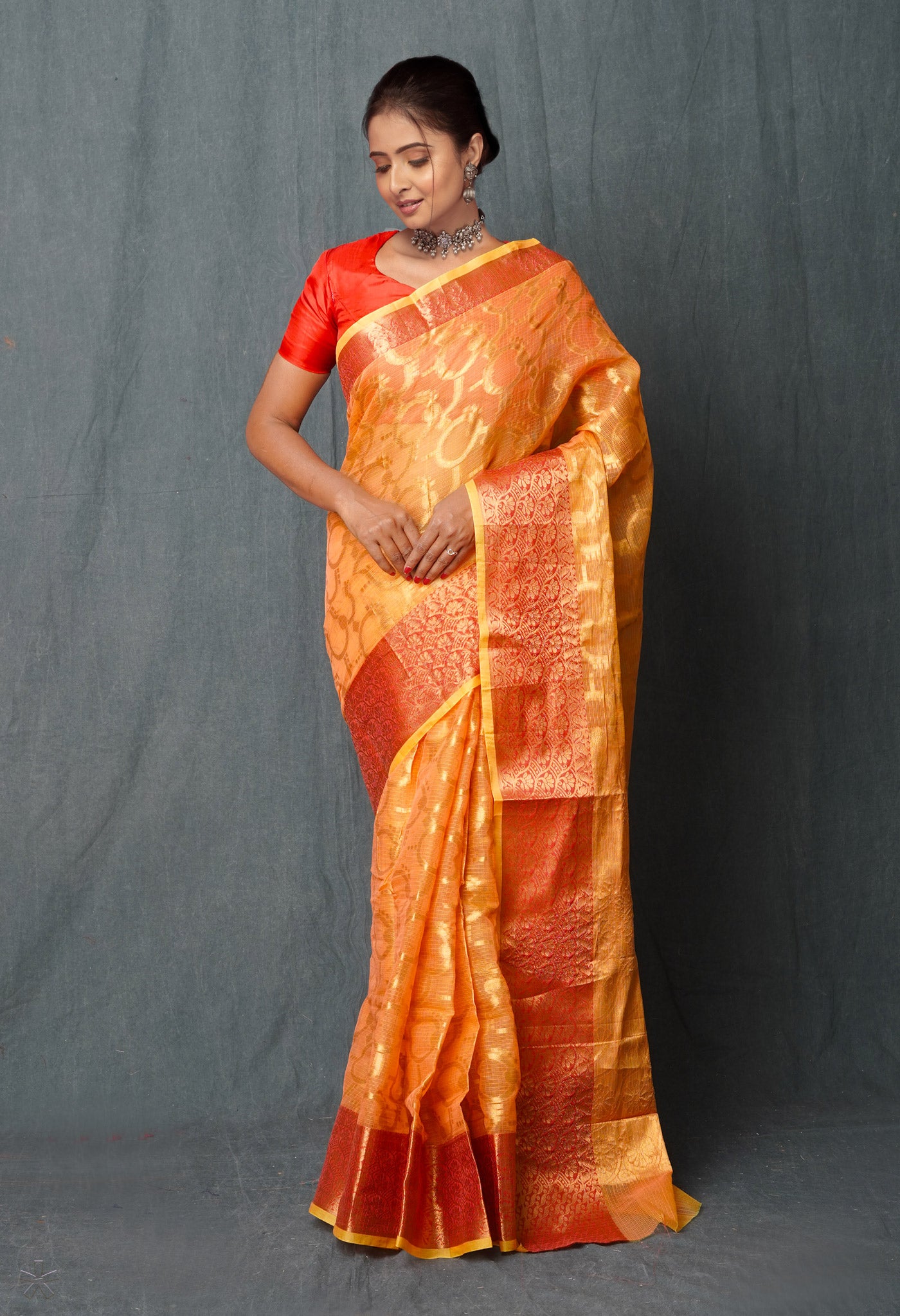 Orange Pure Banarasi Kota Cotton Saree