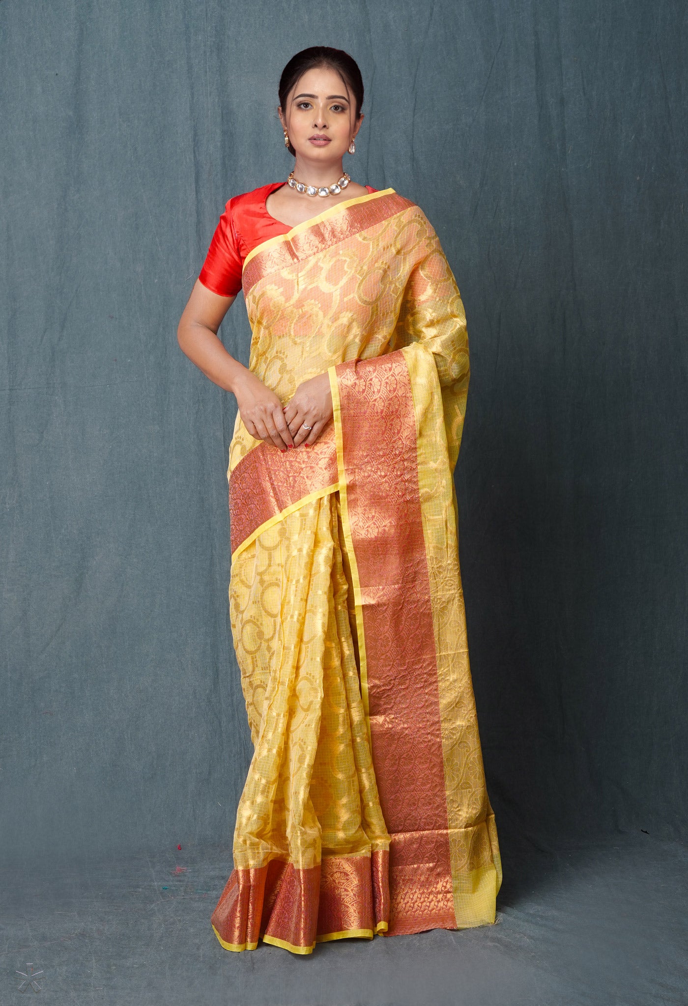 Yellow Pure Banarasi Kota Cotton Saree