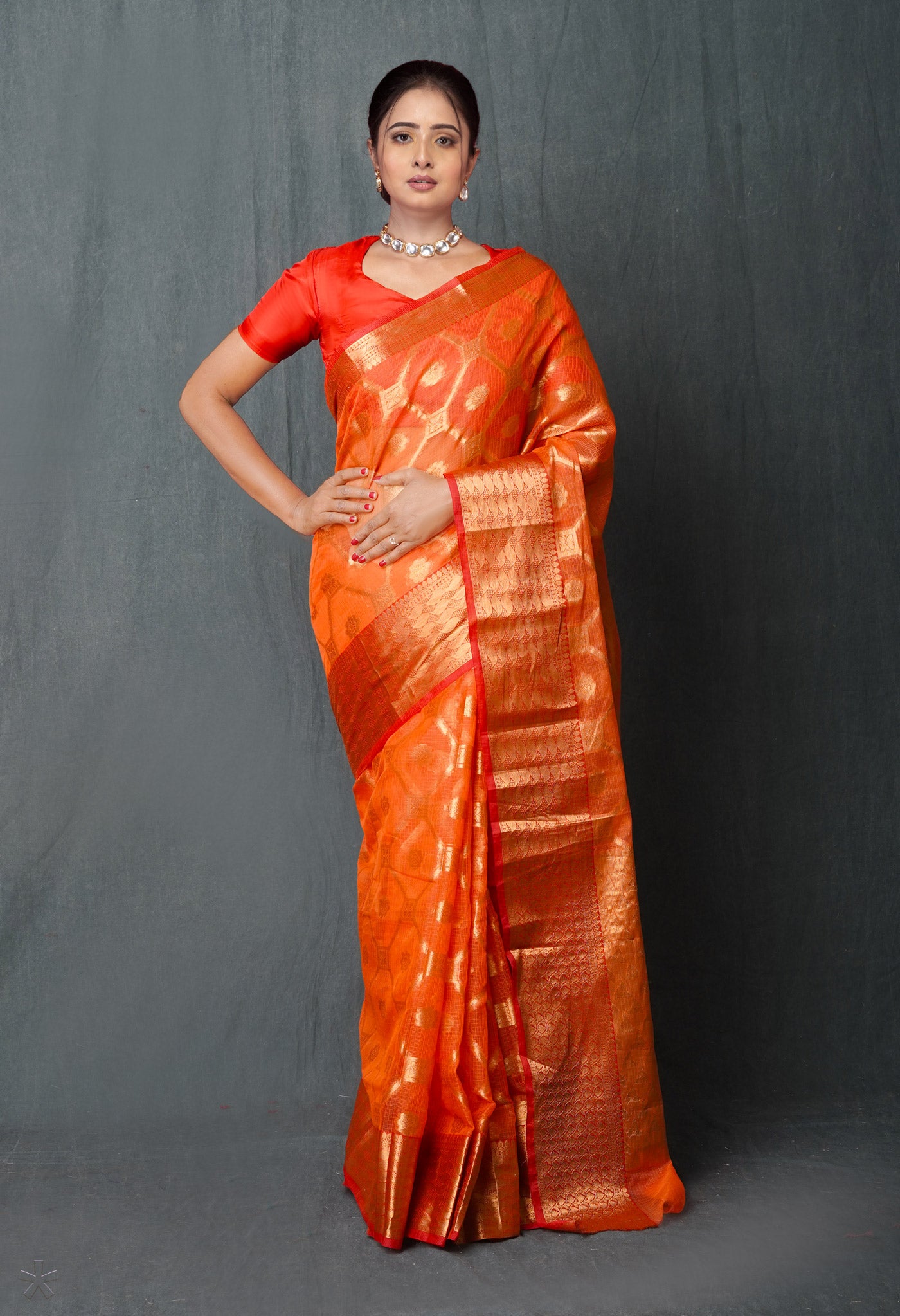 Orange Pure Banarasi Kota Cotton Saree