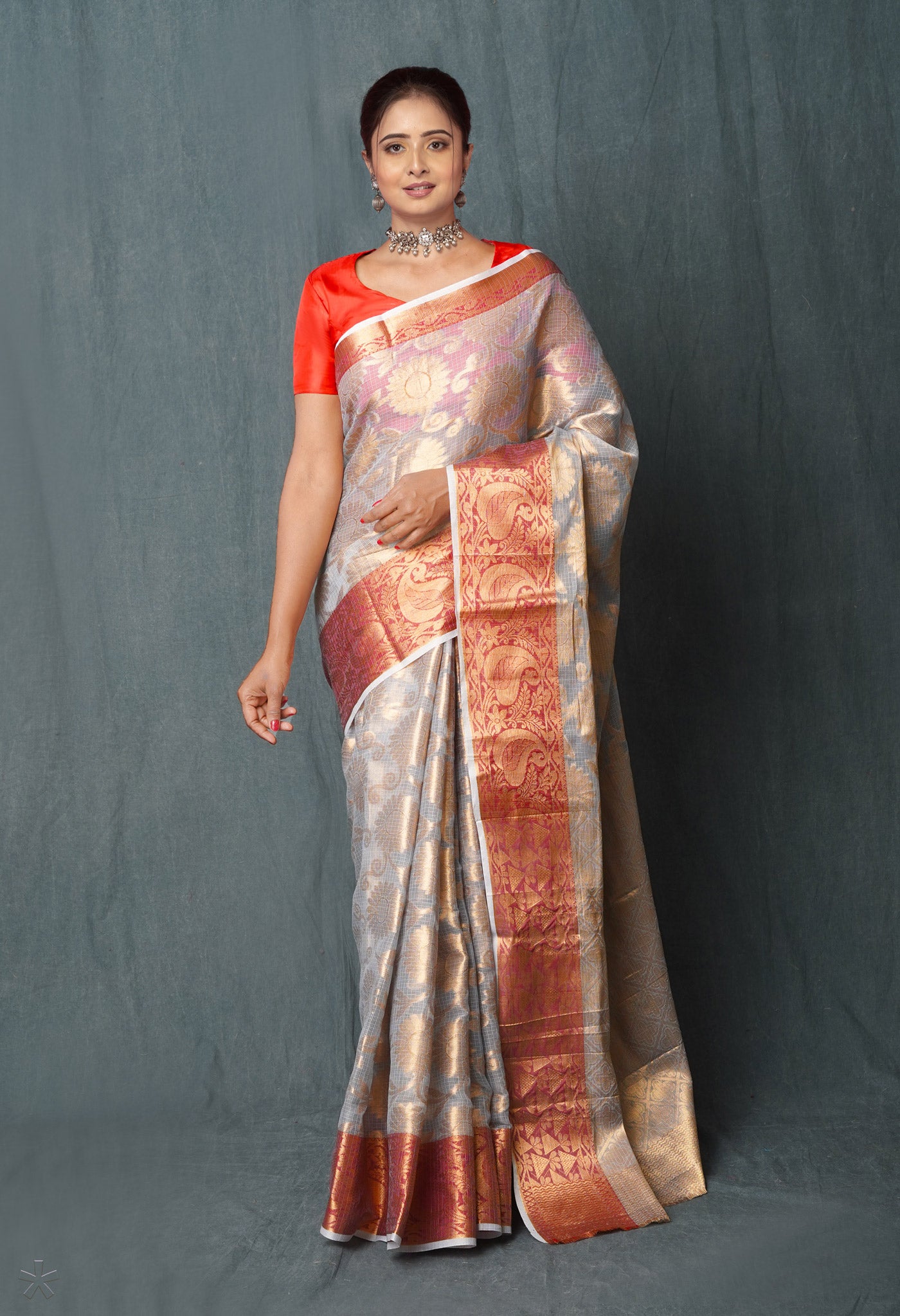 Grey Pure Banarasi Kota Cotton Saree